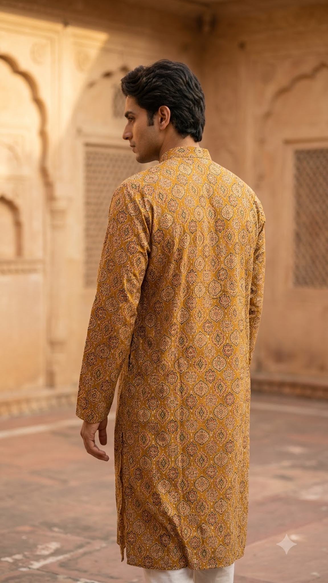 Mustard Ajrakh Medallion Printed Full Sleeves Long Kurta for Men