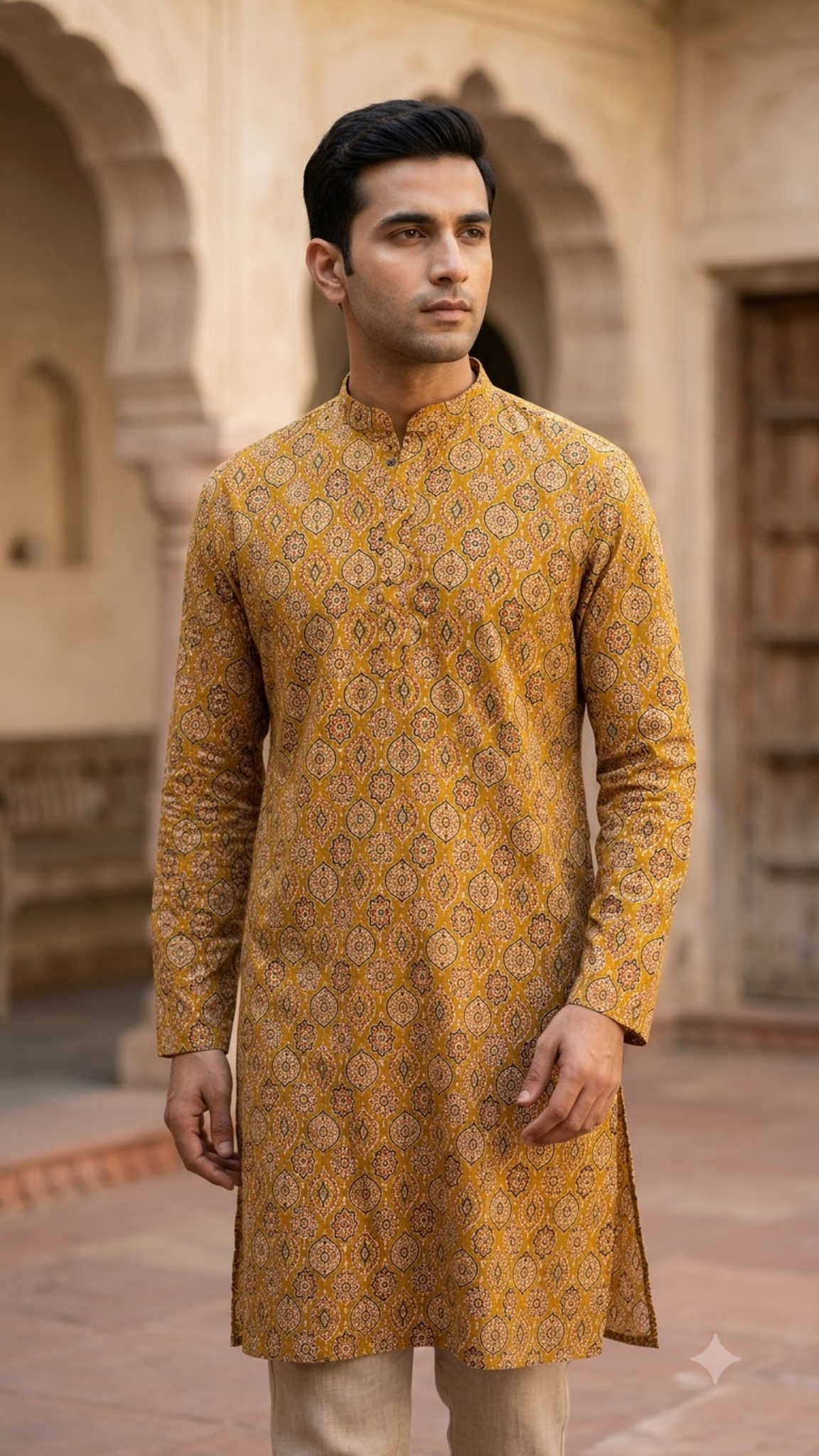 Mustard Ajrakh Medallion Printed Full Sleeves Long Kurta for Men