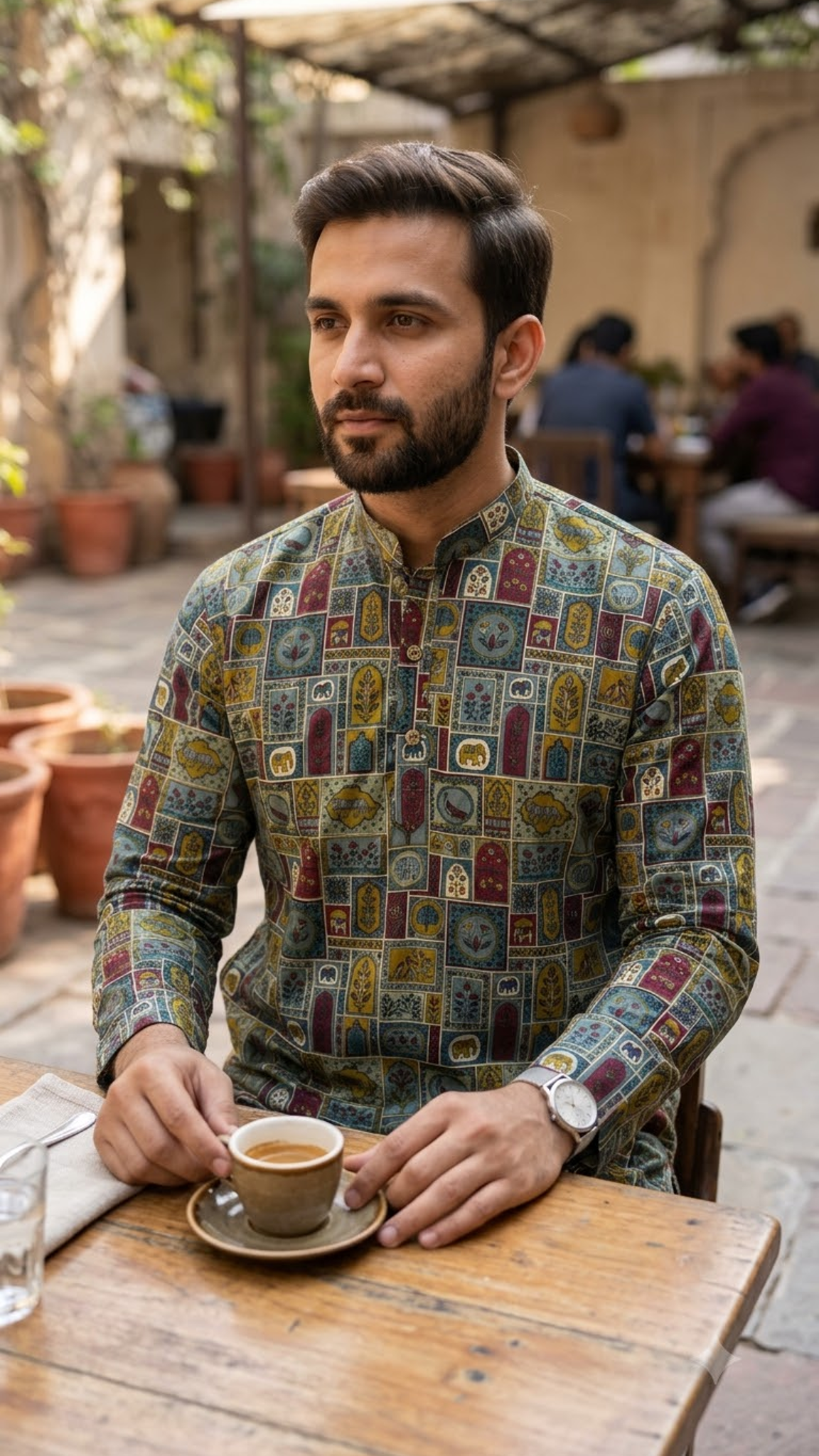 Multicolour Heritage Patch Printed Full Sleeves Long Kurta for Men