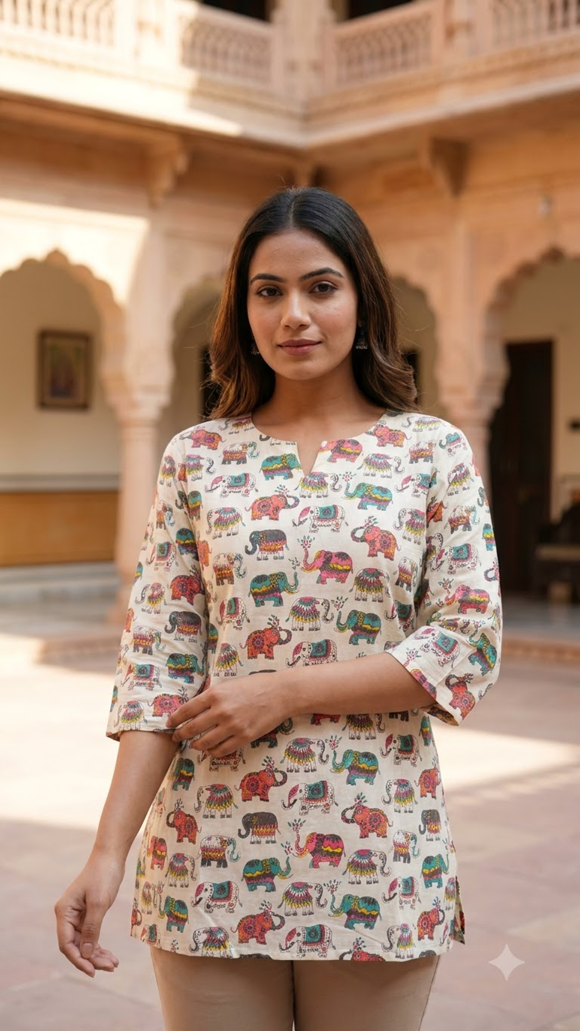 Off White Multicolor Elephant Print 3/4 Sleeves Cotton Short Kurti Top for Women