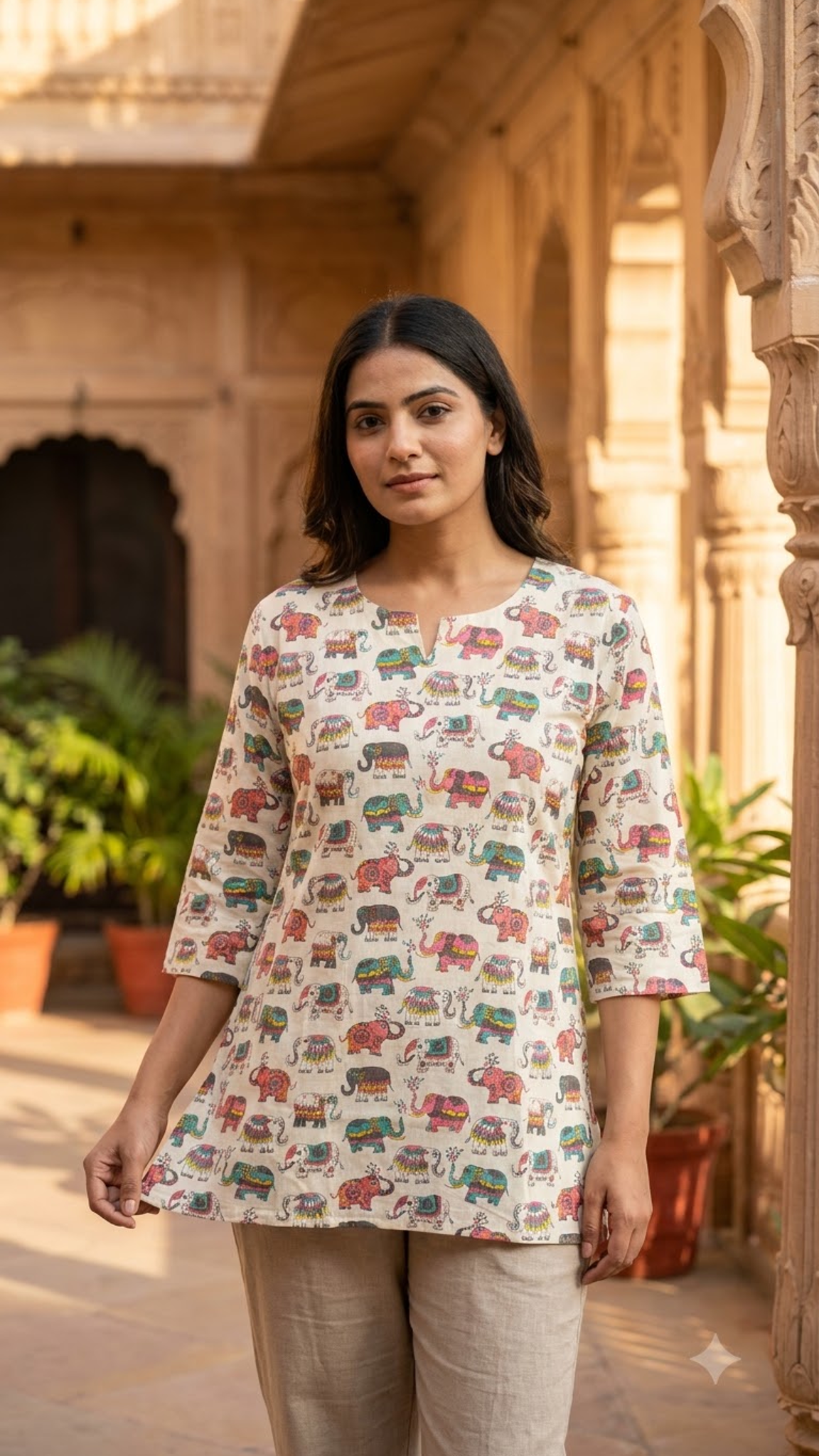 Off White Multicolor Elephant Print 3/4 Sleeves Cotton Short Kurti Top for Women