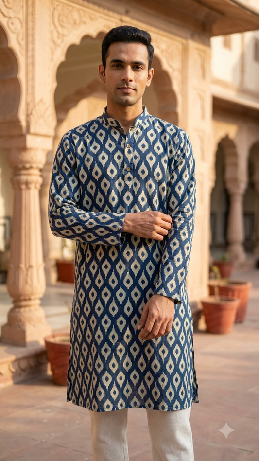 Indigo Blue Ikat Printed Full Sleeves Long Kurta for Men