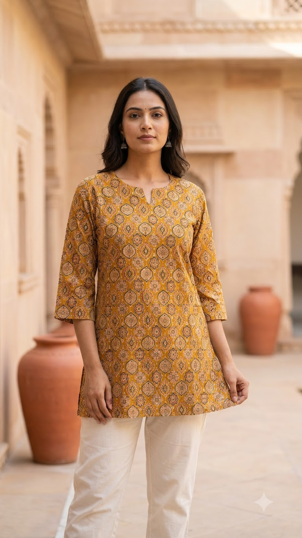Mustard Ajrakh Print 3/4 Sleeves Cotton Short Kurti Top for Women