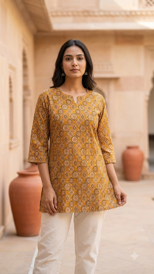 Mustard Ajrakh Print 3/4 Sleeves Cotton Short Kurti Top for Women