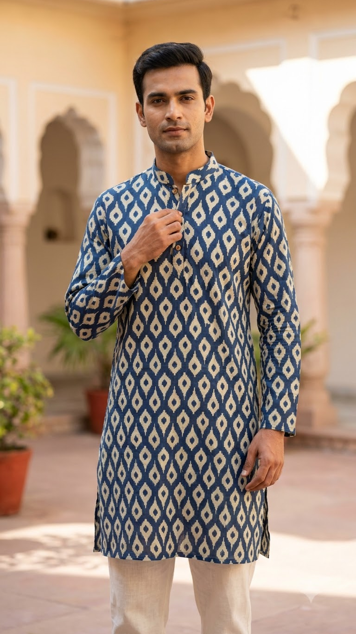 Indigo Blue Ikat Printed Full Sleeves Long Kurta for Men