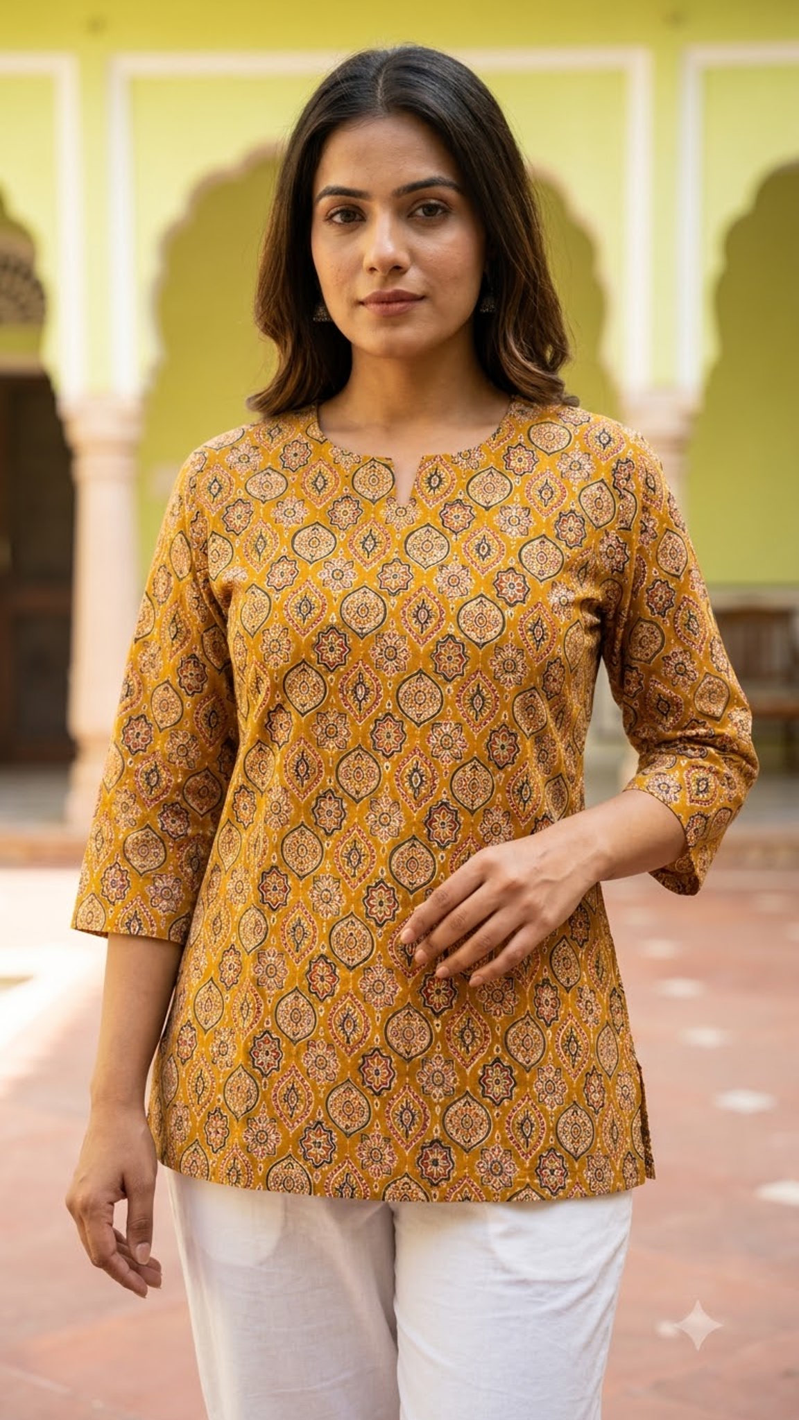 Mustard Ajrakh Print 3/4 Sleeves Cotton Short Kurti Top for Women