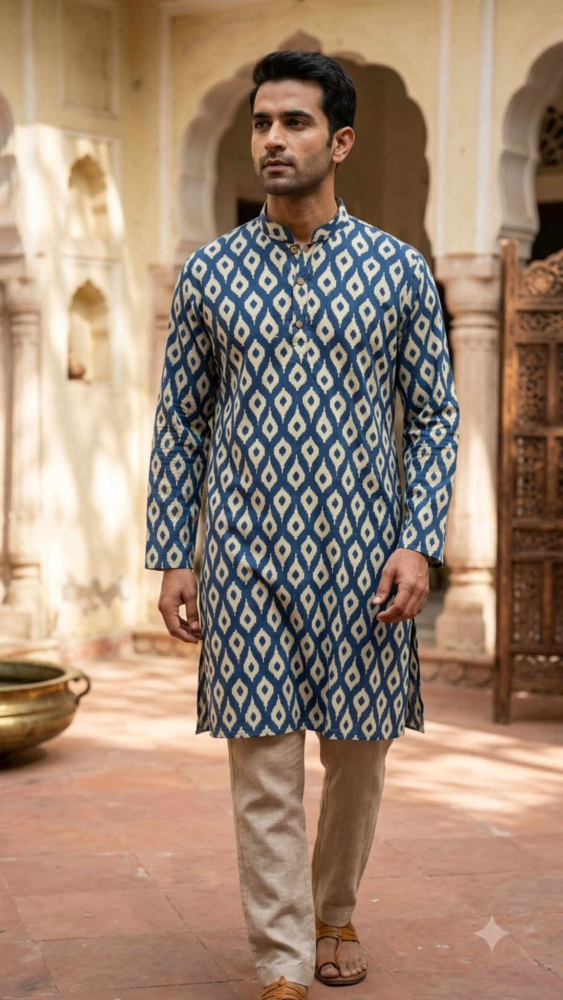 Indigo Blue Ikat Printed Full Sleeves Long Kurta for Men