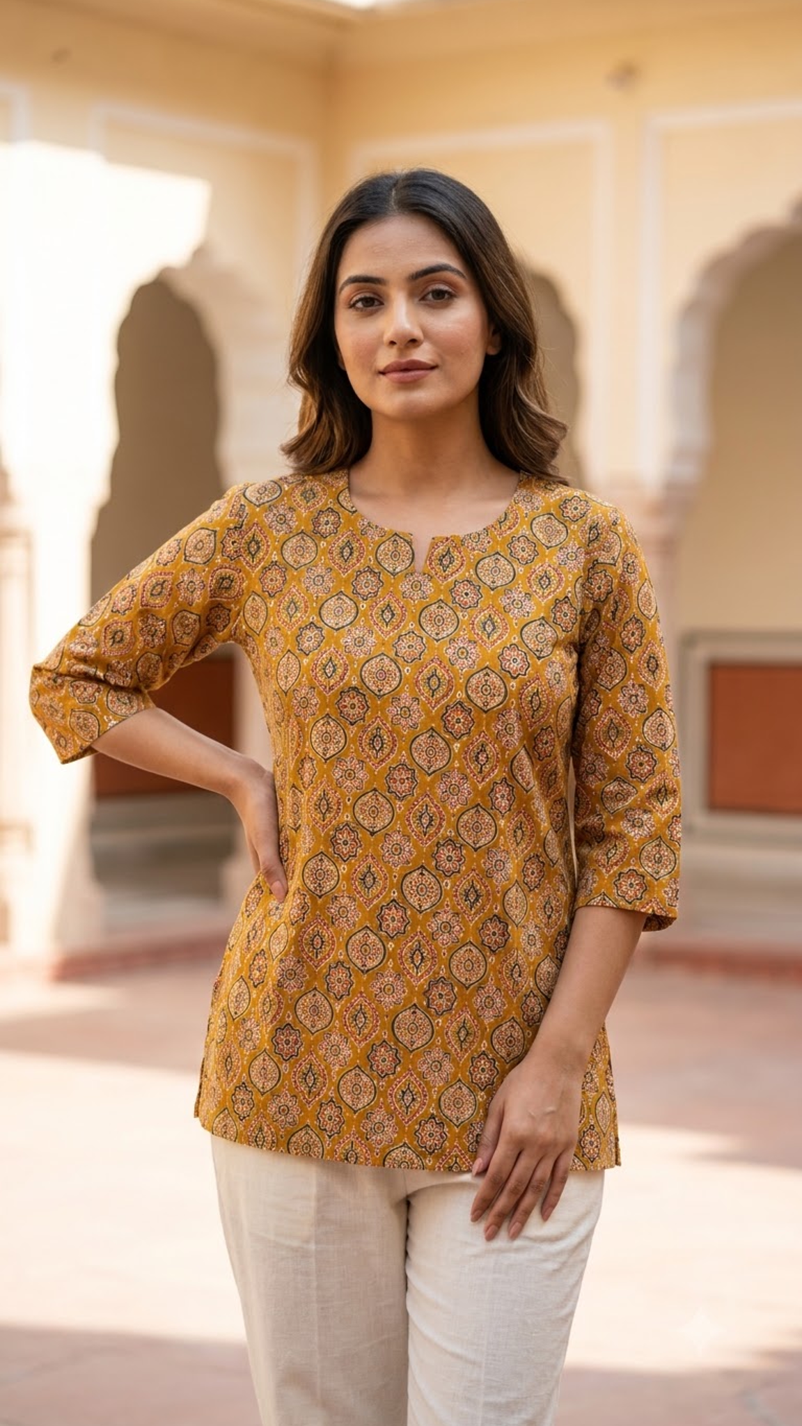 Mustard Ajrakh Print 3/4 Sleeves Cotton Short Kurti Top for Women