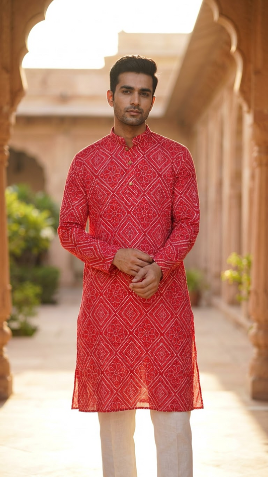 Full Sleeves Long Kurta for Men Red Bandhej Printed