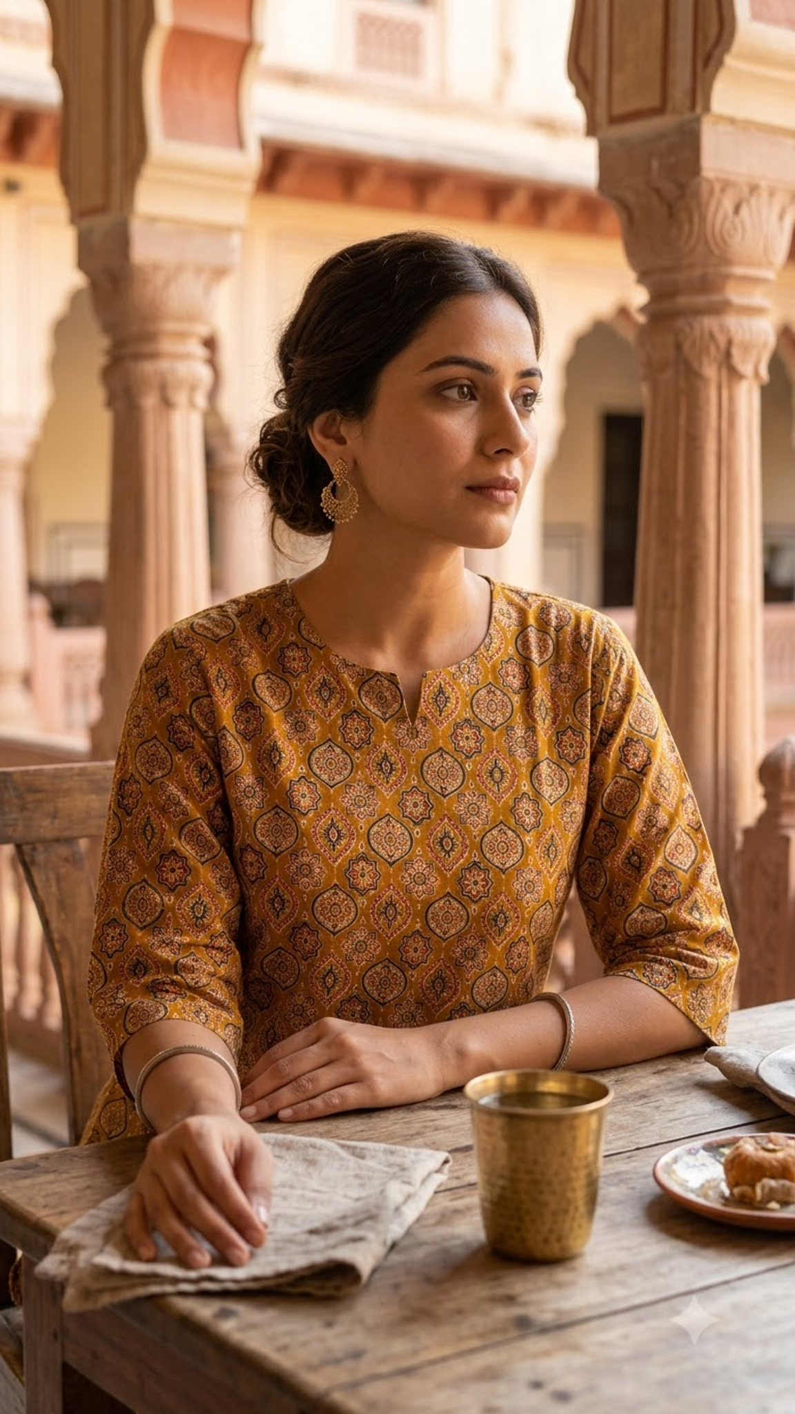 Mustard Ajrakh Print 3/4 Sleeves Cotton Short Kurti Top for Women