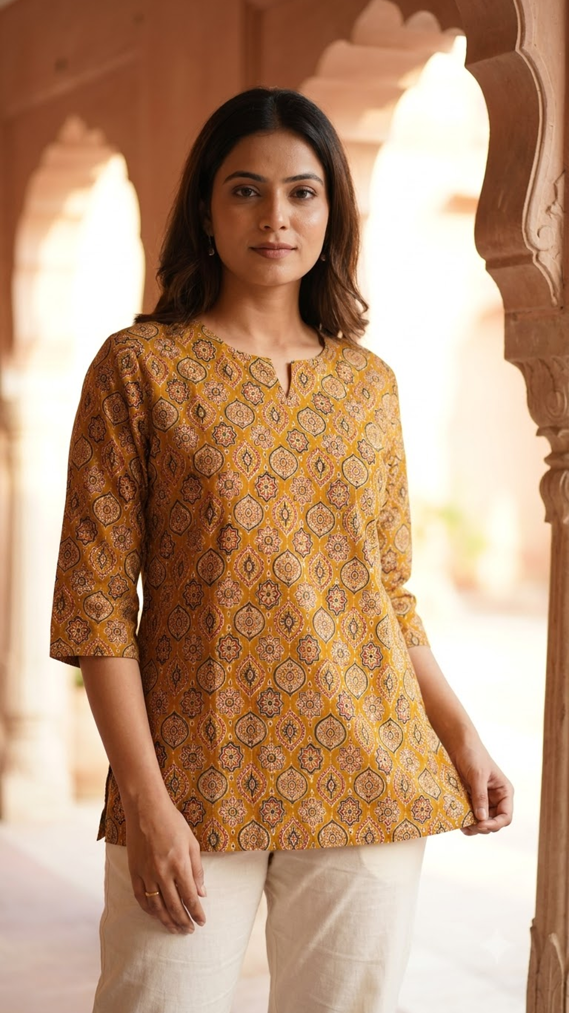 Mustard Ajrakh Print 3/4 Sleeves Cotton Short Kurti Top for Women