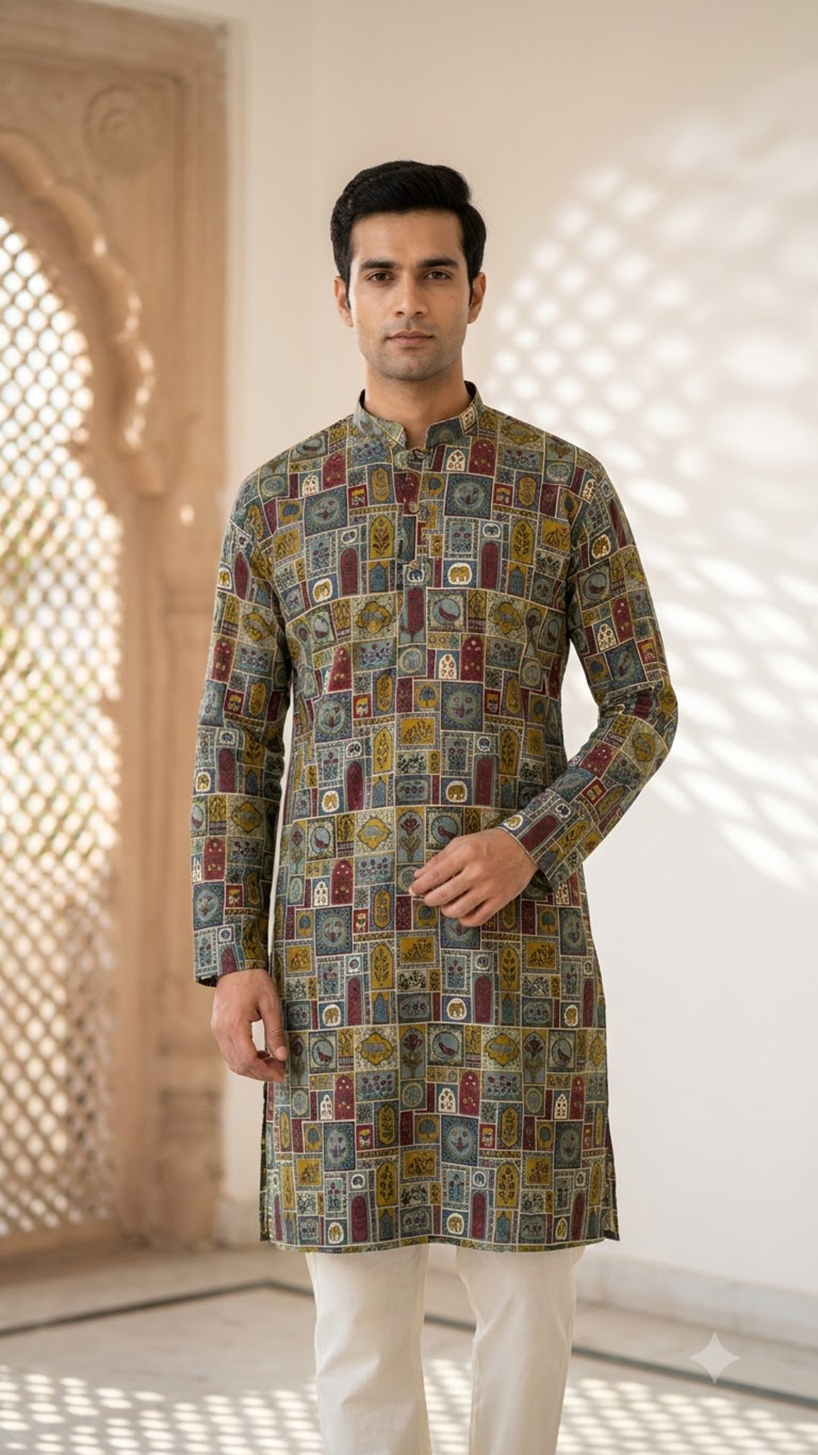 Multicolour Heritage Patch Printed Full Sleeves Long Kurta for Men