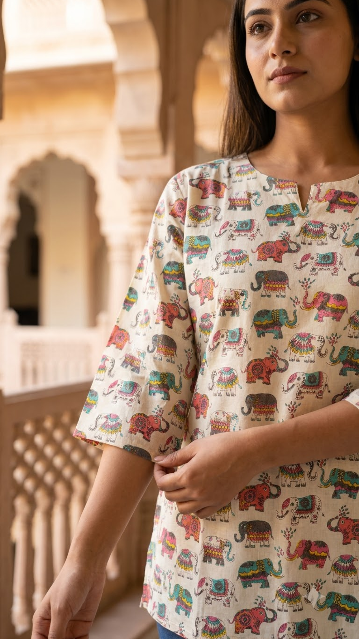 Off White Multicolor Elephant Print 3/4 Sleeves Cotton Short Kurti Top for Women