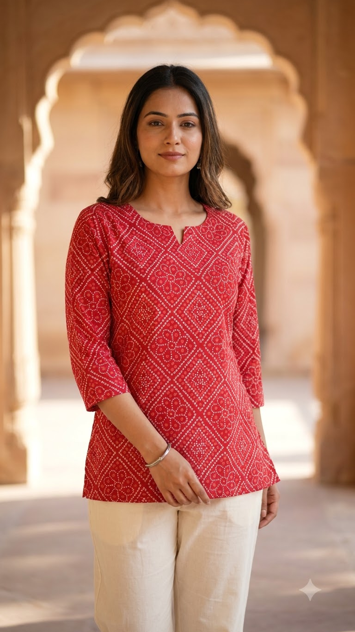 Red Bandhani Geometric Print Women's 3/4 Sleeve Kurti