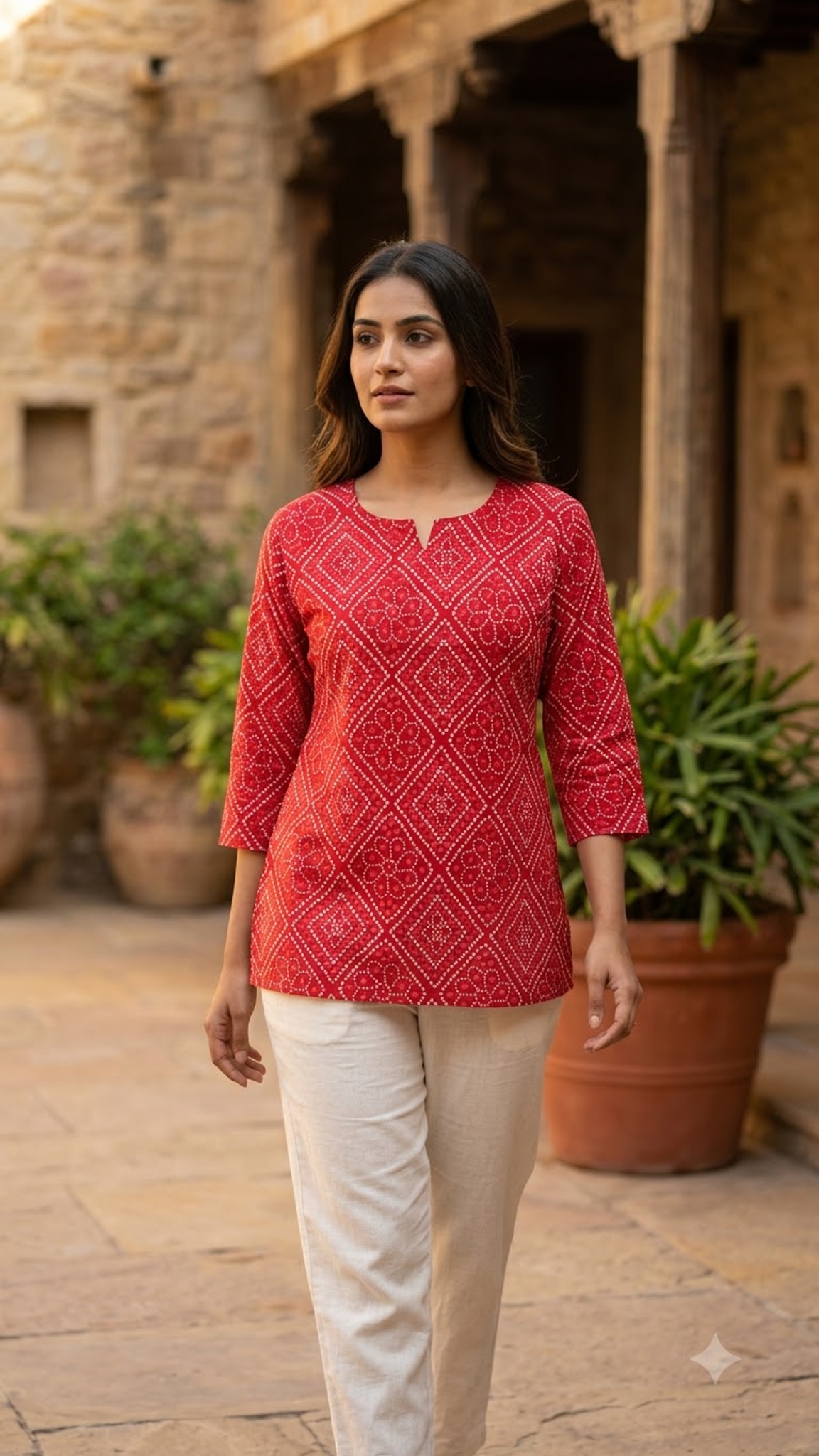 Red Bandhani Geometric Print Women's 3/4 Sleeve Kurti