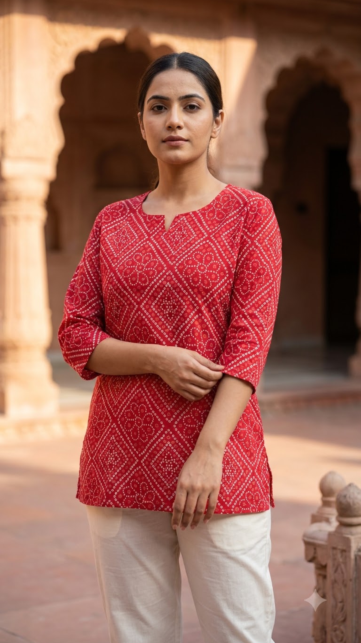 Red Bandhani Geometric Print Women's 3/4 Sleeve Kurti