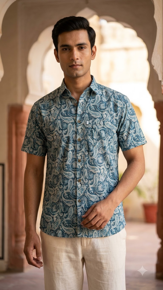Blue & White Paisley Print Men’s Half Sleeve Cotton Shirt