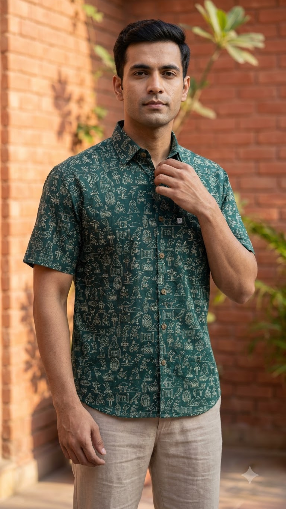 Teal & Folk Symbol Printed Men’s Half Sleeve Cotton Shirt