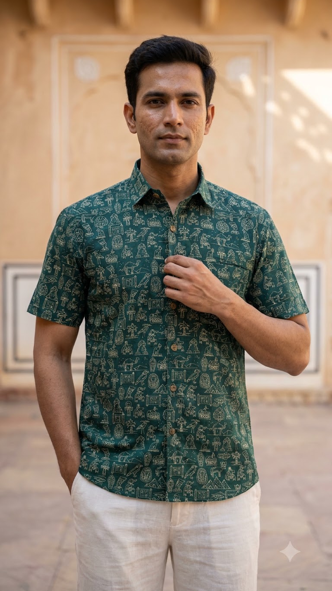 Teal & Folk Symbol Printed Men’s Half Sleeve Cotton Shirt