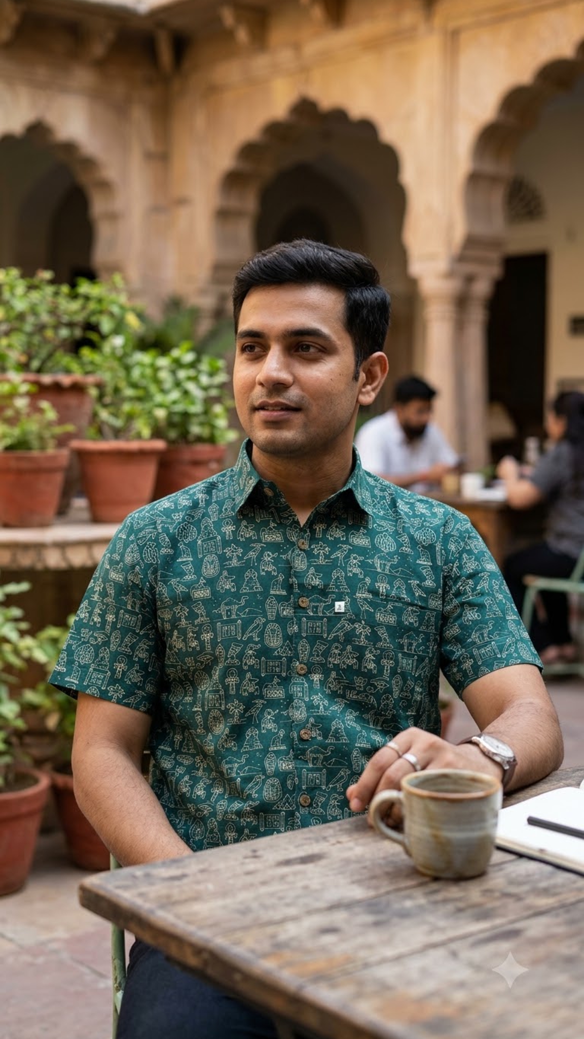 Teal & Folk Symbol Printed Men’s Half Sleeve Cotton Shirt