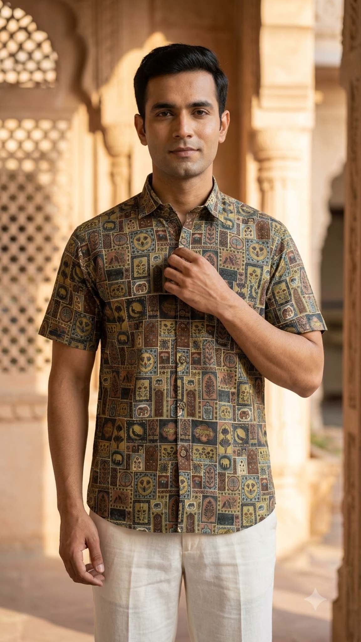 Brown Multicolour Heritage Patchwork Print Men’s Half Sleeve Cotton Shirt