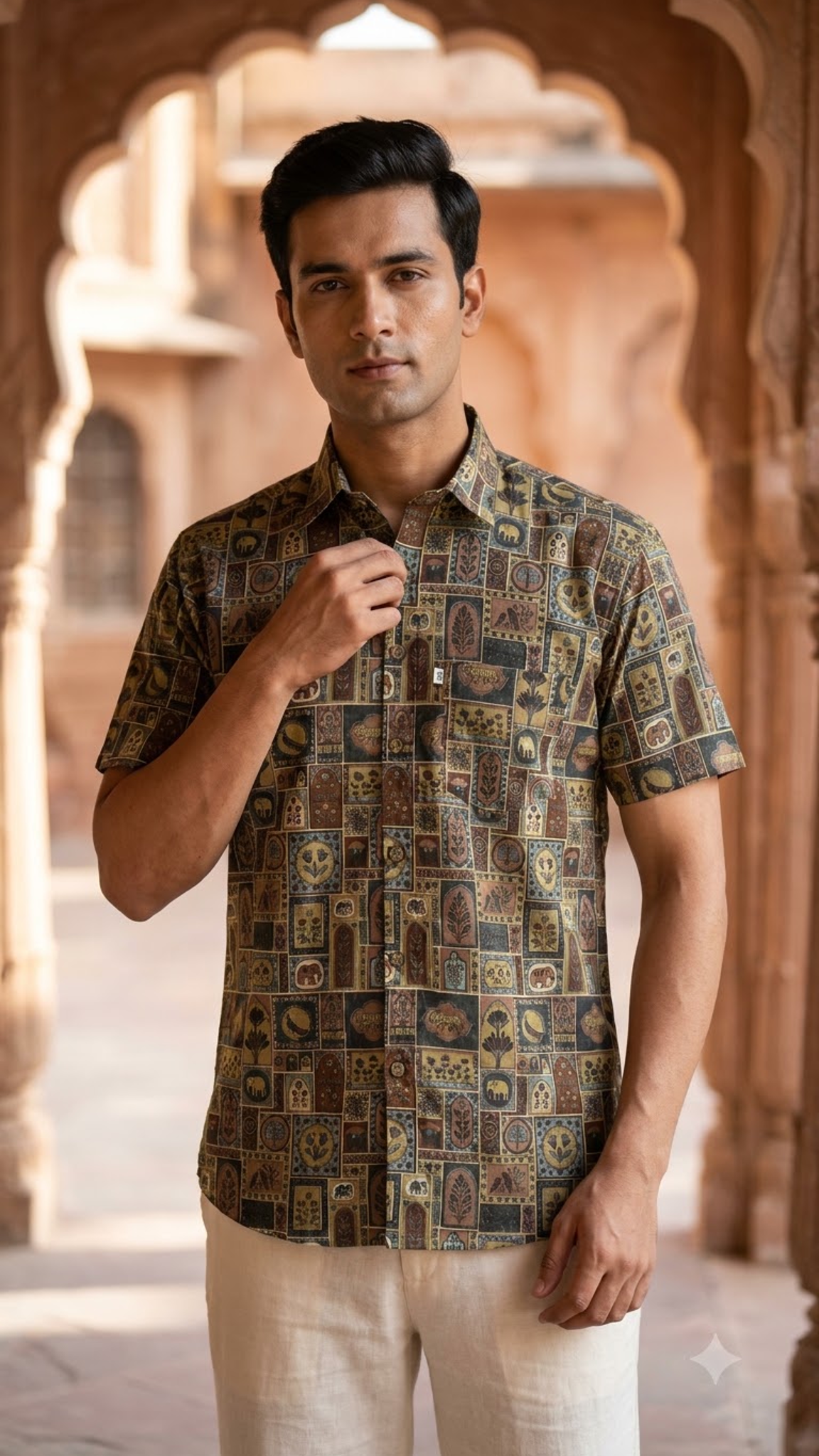Brown Multicolour Heritage Patchwork Print Men’s Half Sleeve Cotton Shirt