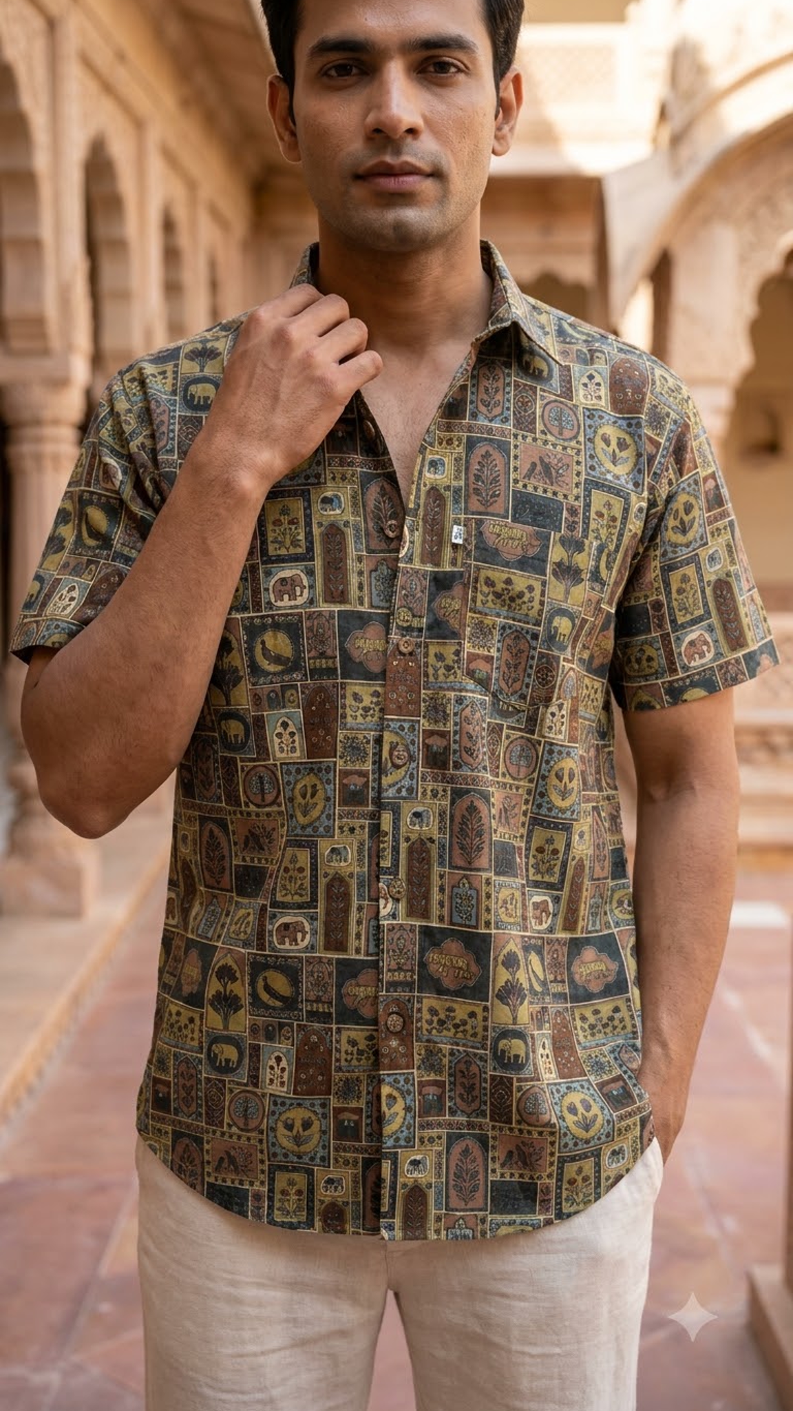 Brown Multicolour Heritage Patchwork Print Men’s Half Sleeve Cotton Shirt