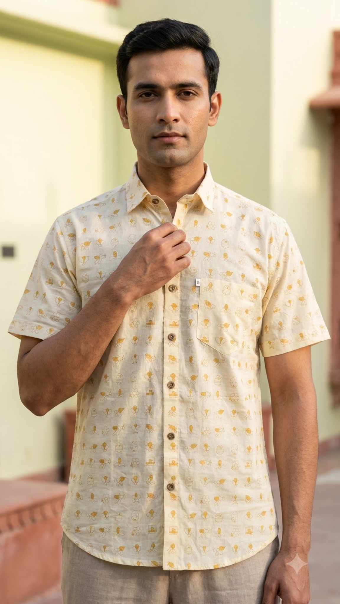 Cream & Yellow Honey Bee Print Men’s Half Sleeve Cotton Shirt