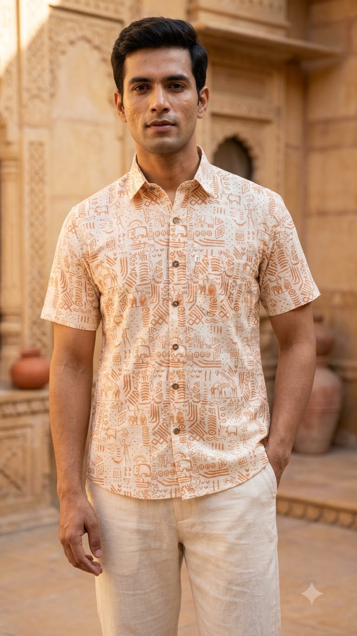 White Desert Folk Art Men’s Half Sleeve Cotton Shirt