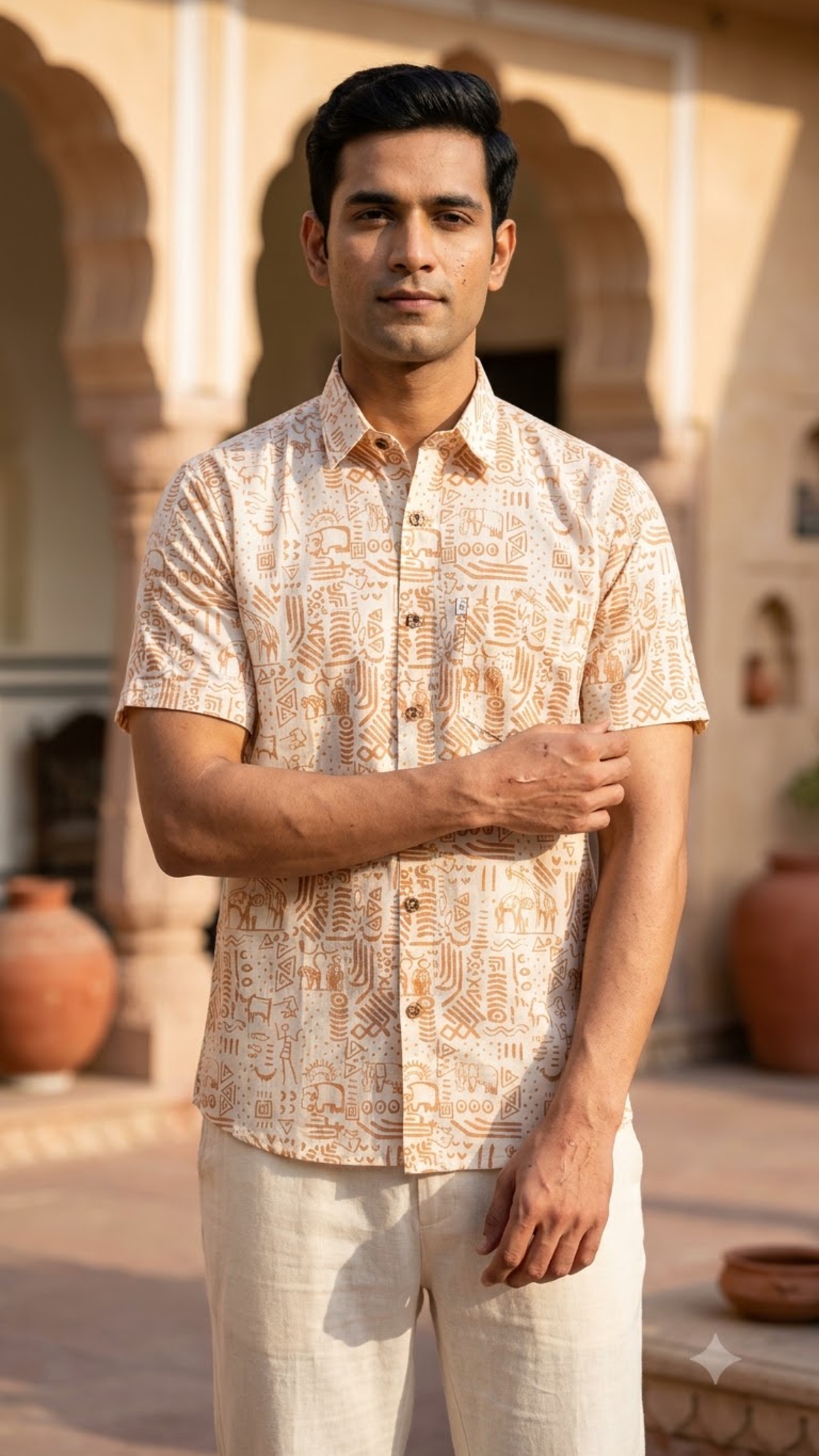 White Desert Folk Art Men’s Half Sleeve Cotton Shirt