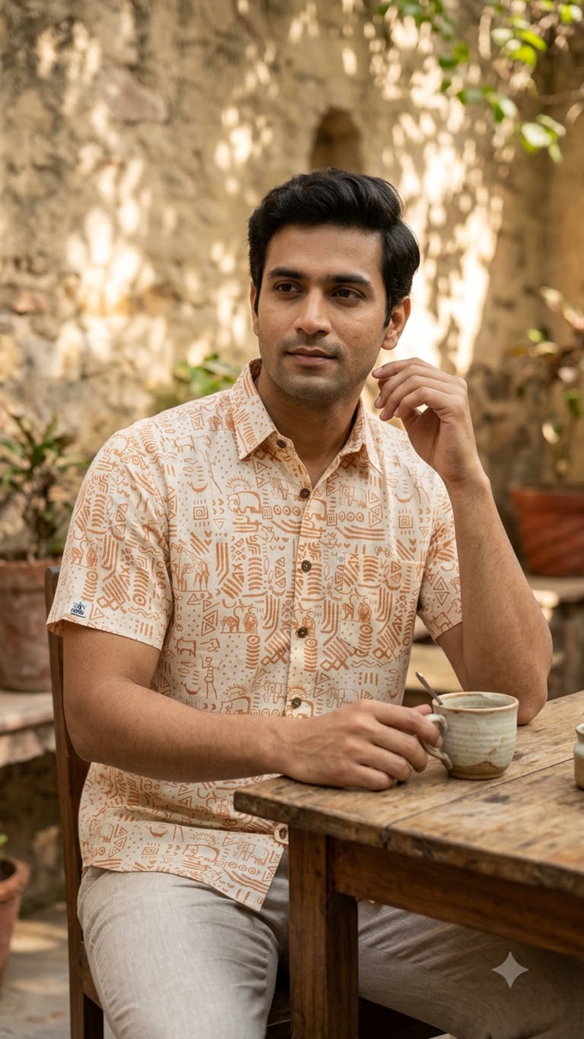 White Desert Folk Art Men’s Half Sleeve Cotton Shirt