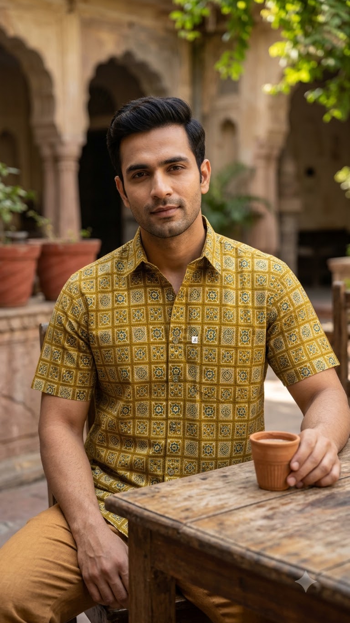 Mustard Tile Printed Men’s Half Sleeve Shirt