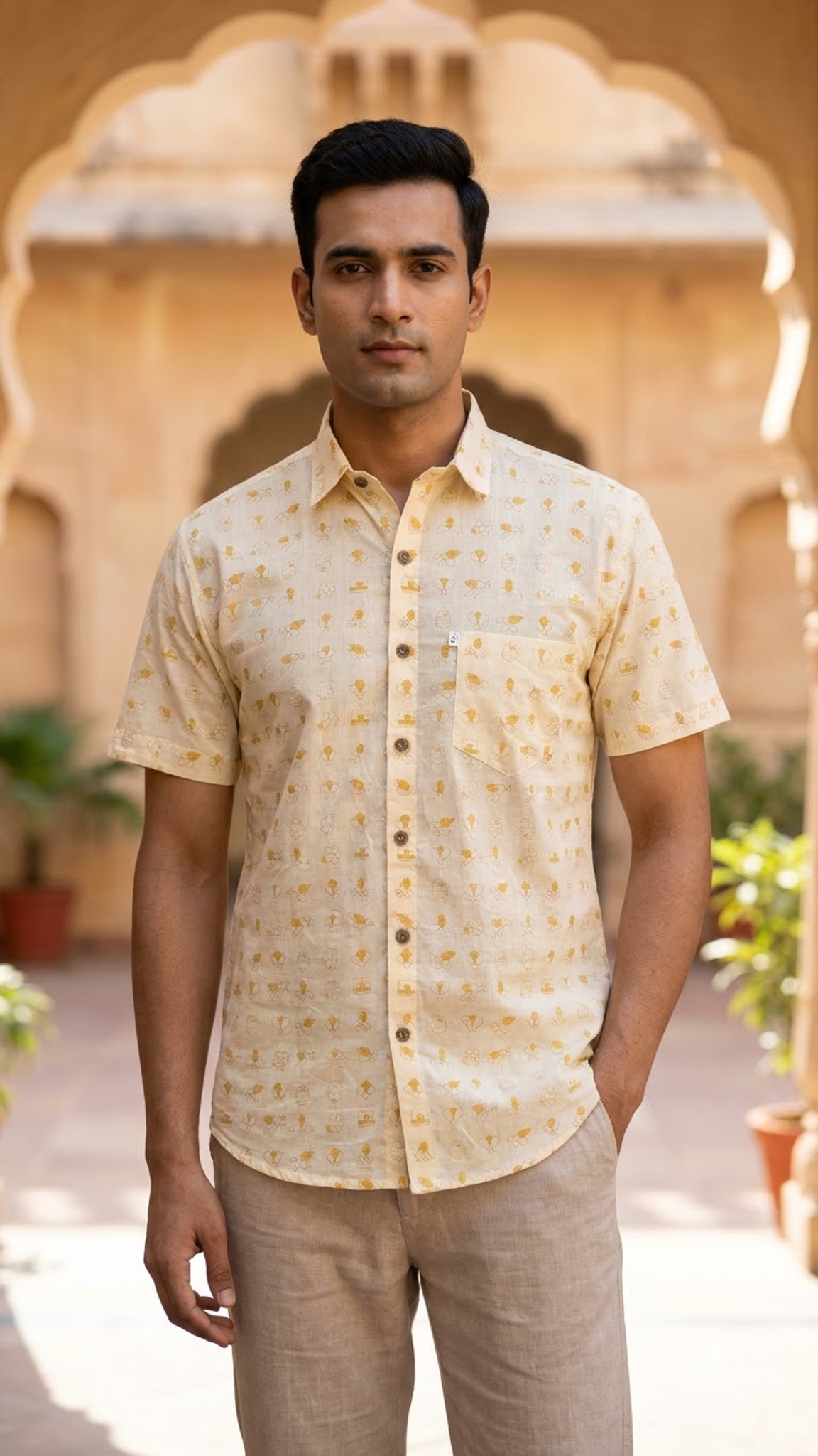 Cream & Yellow Honey Bee Print Men’s Half Sleeve Cotton Shirt