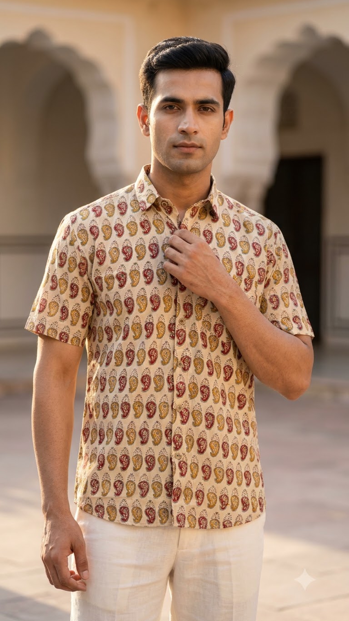 Half Sleeve Red And Beige Booti Printed Men's Shirt