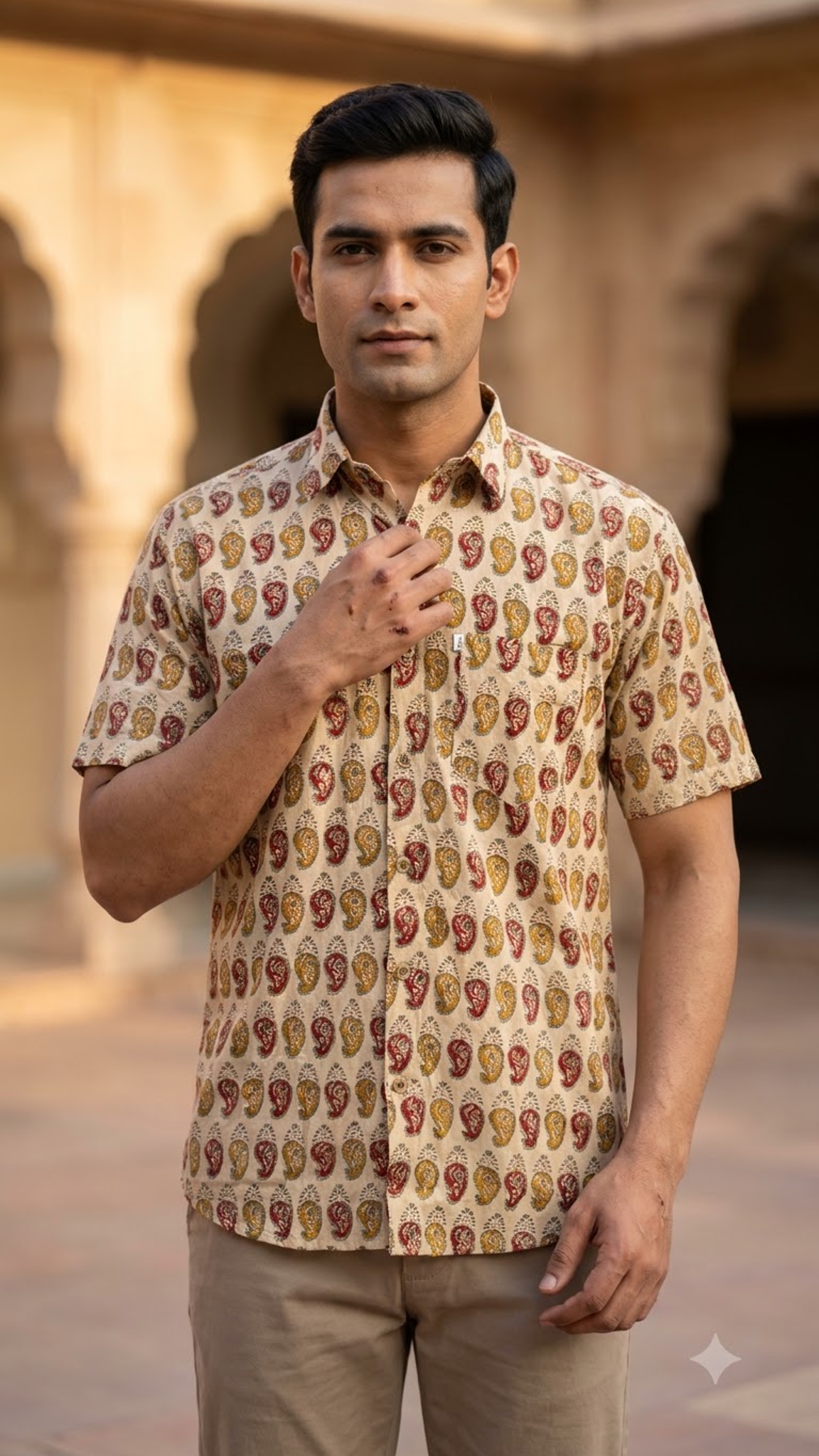 Half Sleeve Red And Beige Booti Printed Men's Shirt