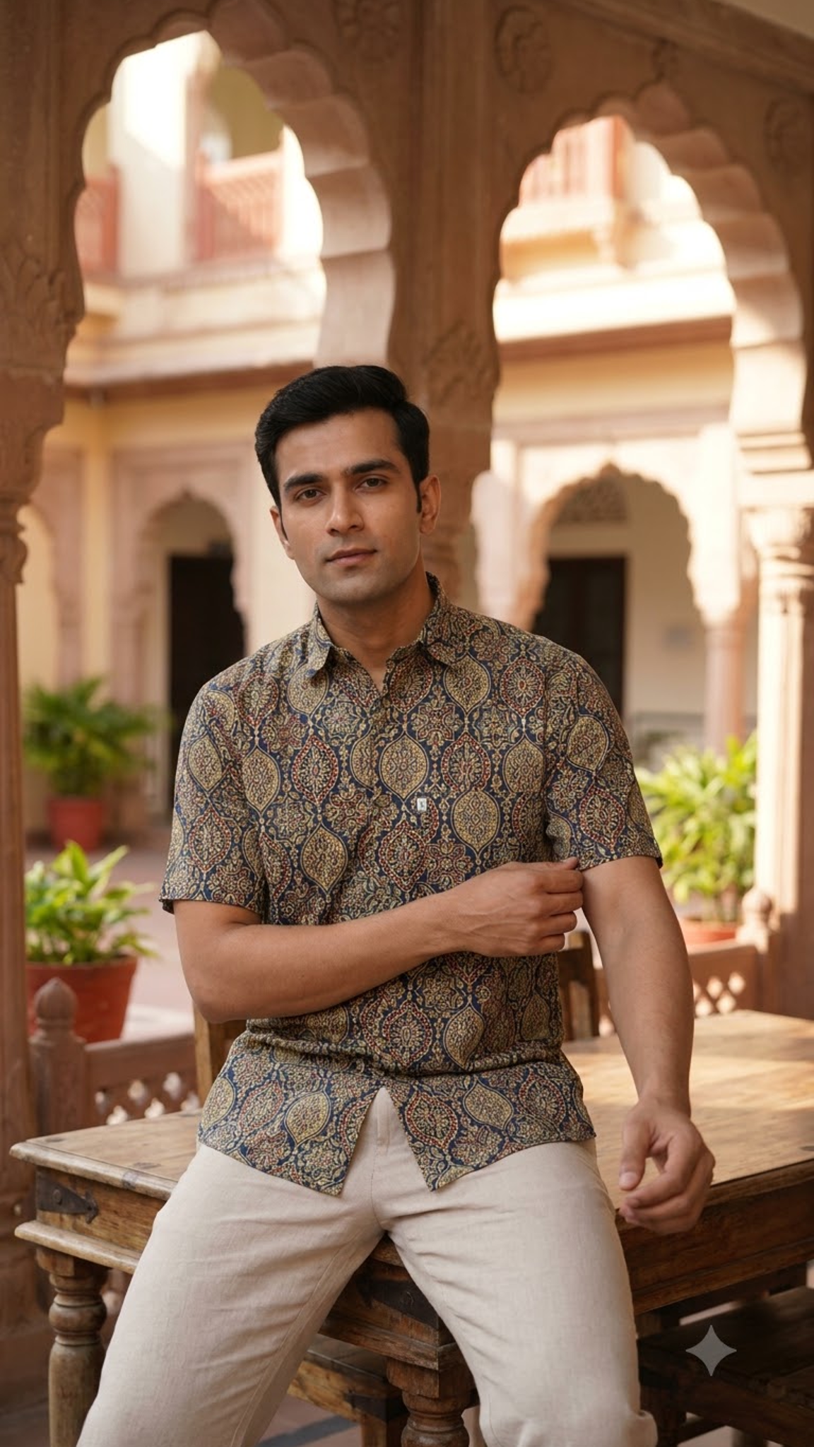 Navy Blue Medallion Printed Men's Half Sleeve Shirt