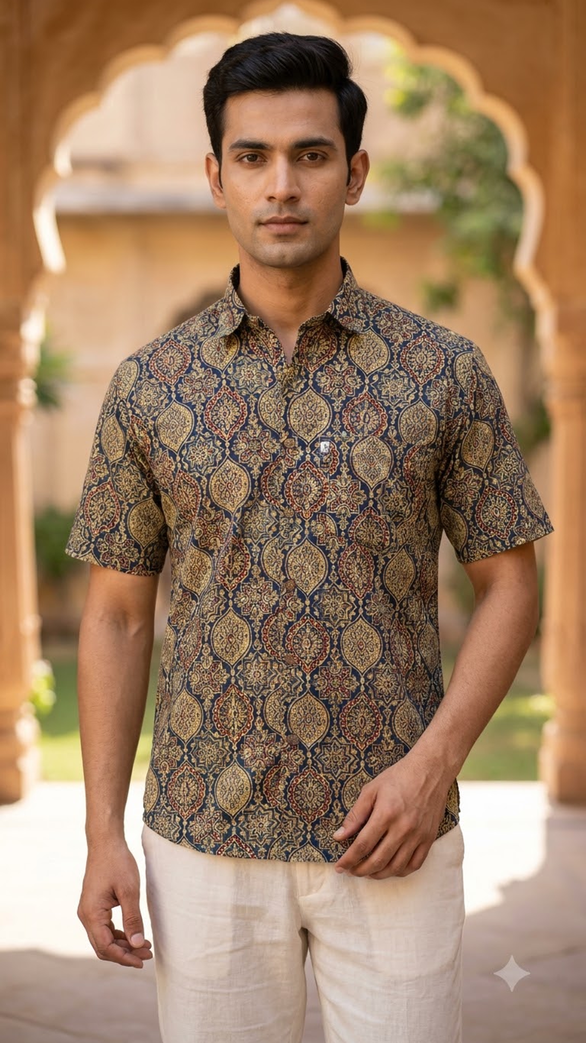 Navy Blue Medallion Printed Men's Half Sleeve Shirt