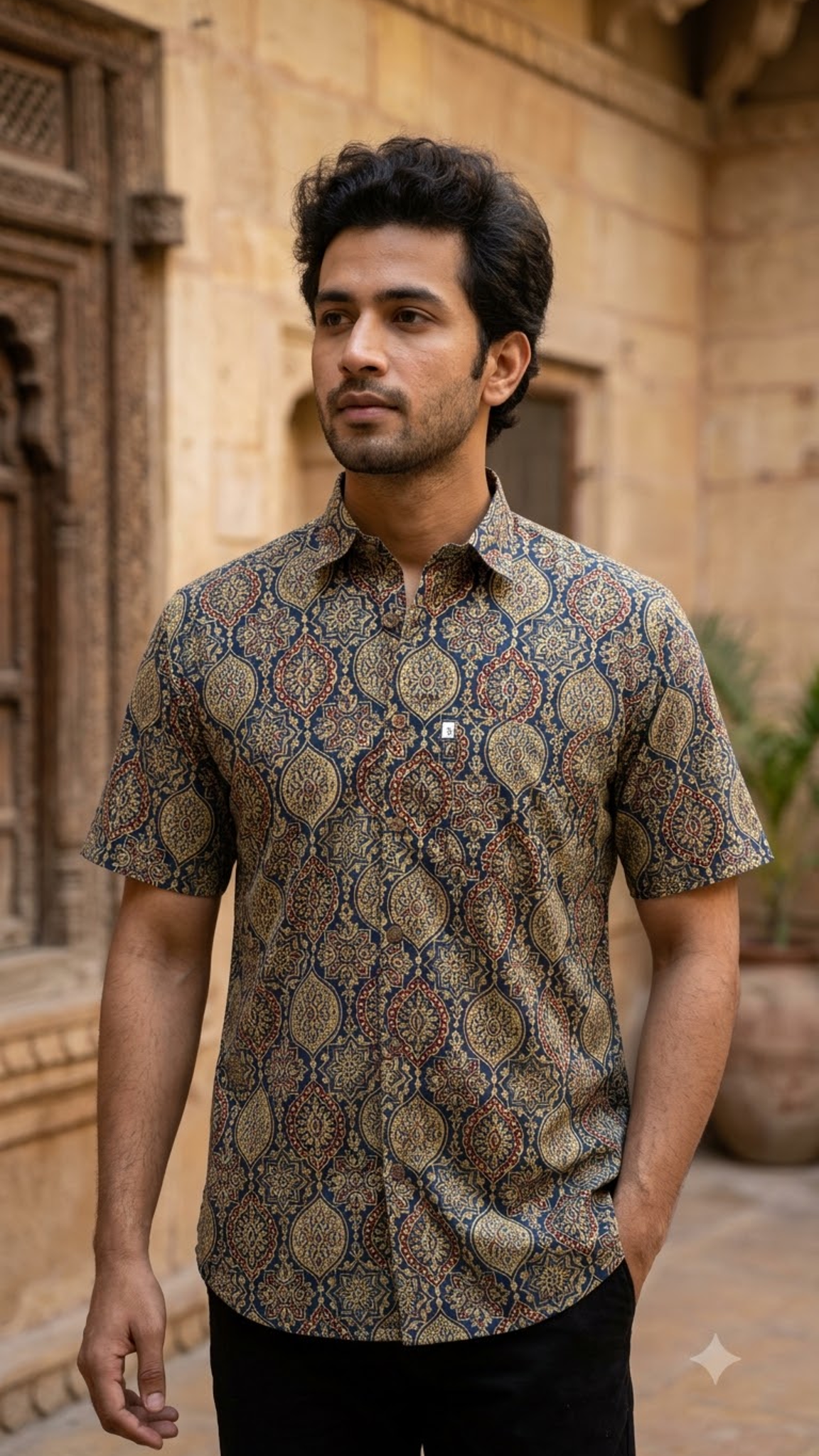 Navy Blue Medallion Printed Men's Half Sleeve Shirt