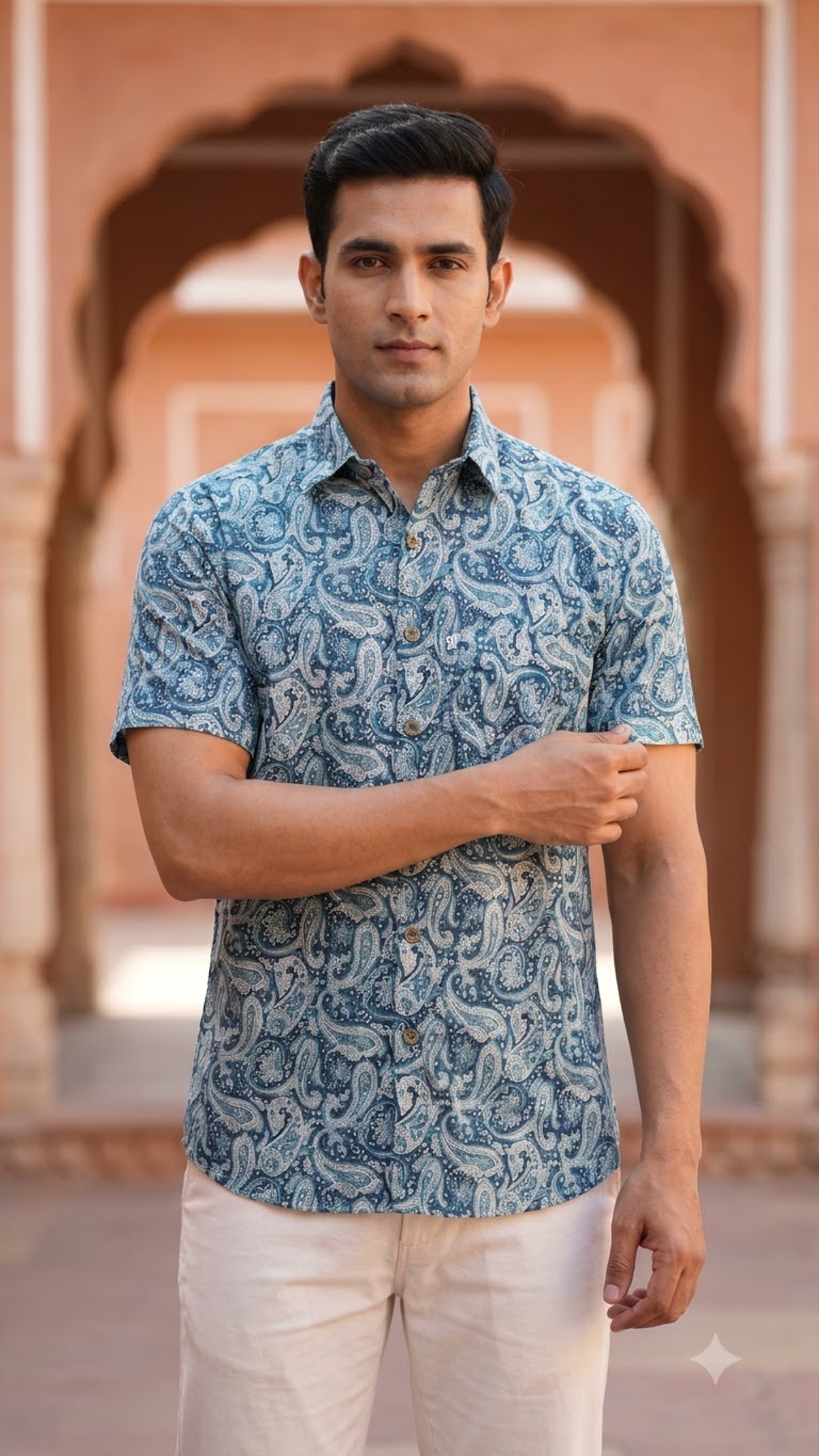 Blue & White Paisley Print Men’s Half Sleeve Cotton Shirt