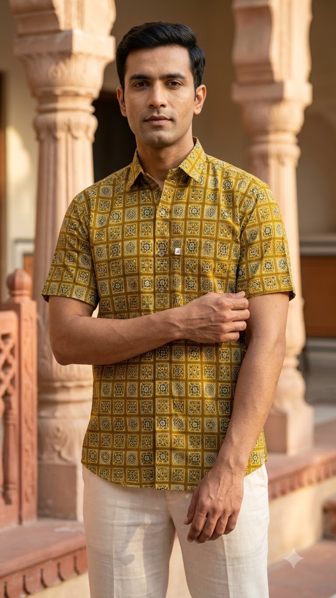 Mustard Tile Printed Men’s Half Sleeve Shirt
