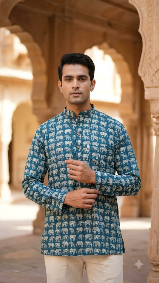 Teal & White Elephant Print Men’s Full Sleeves Short Kurta