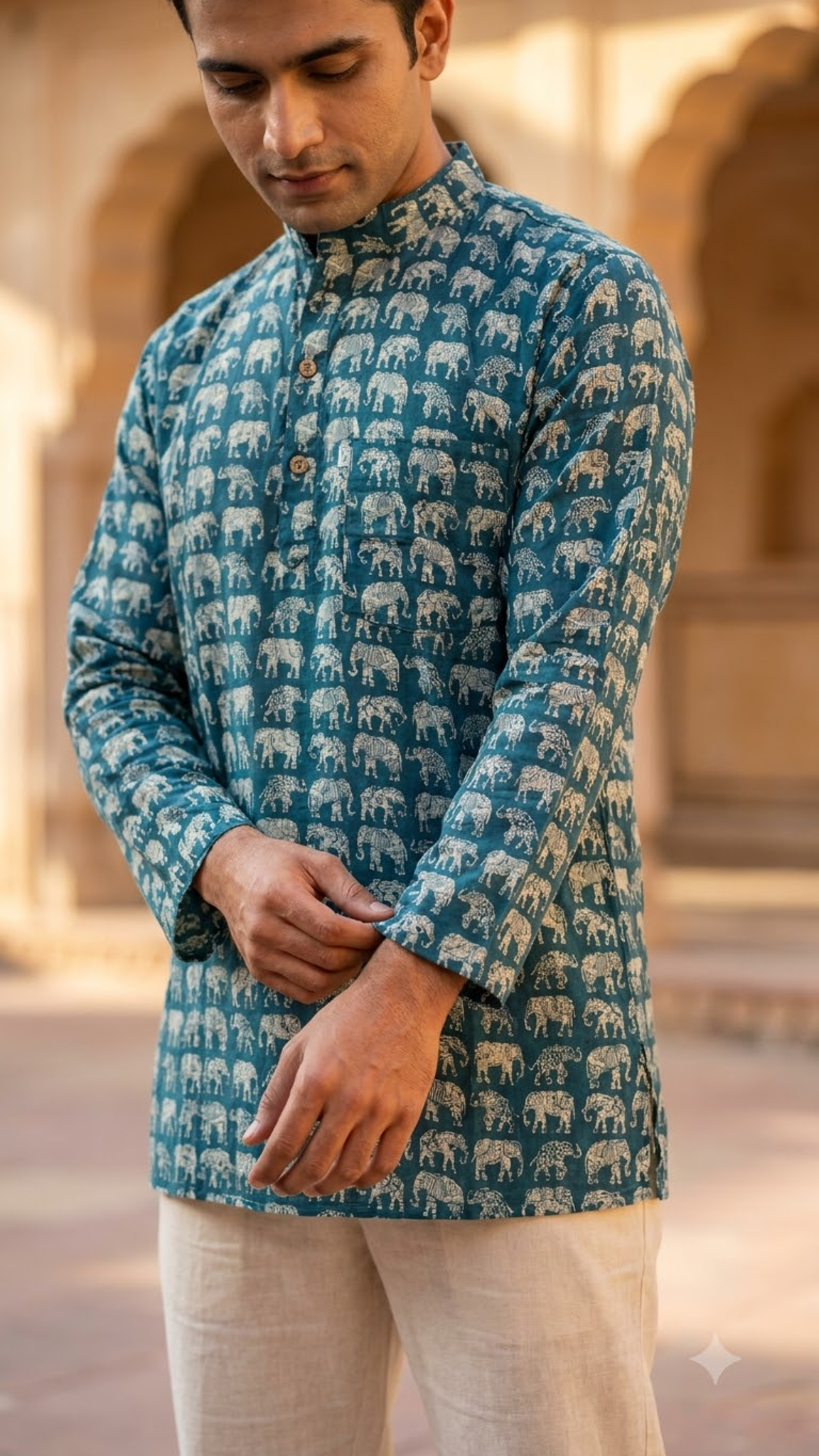 Teal & White Elephant Print Men’s Full Sleeves Short Kurta