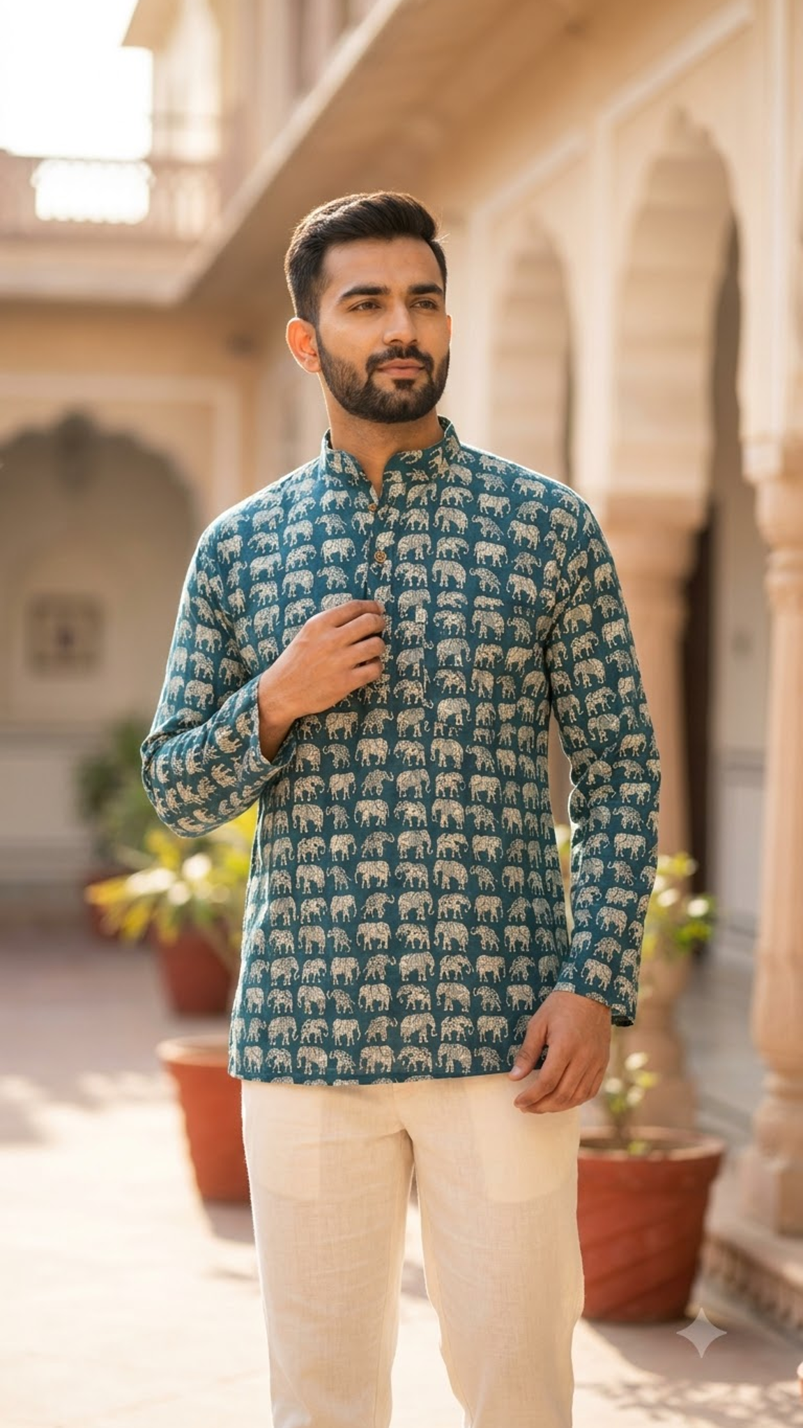 Teal & White Elephant Print Men’s Full Sleeves Short Kurta