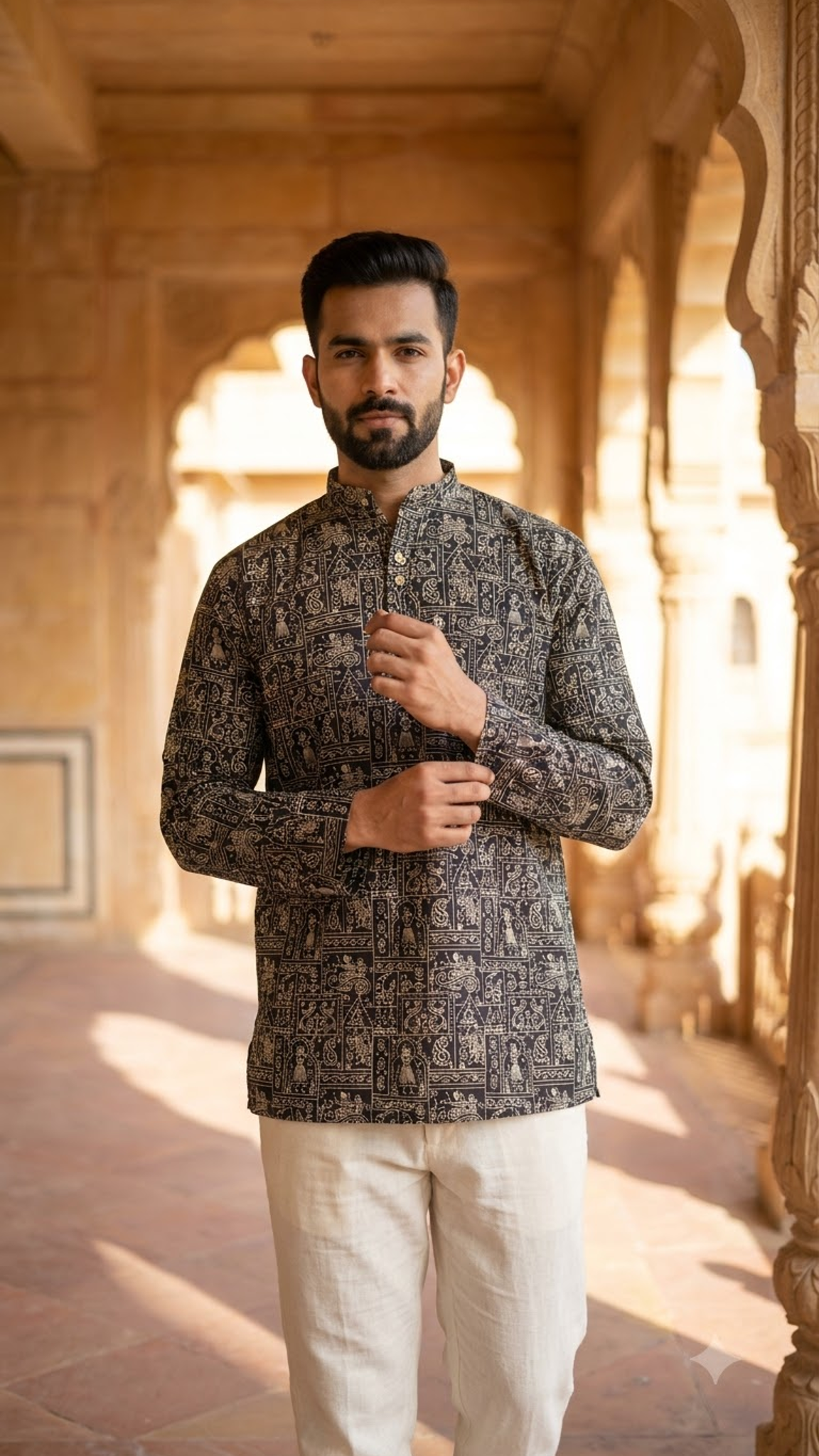 Black Triple Warli Art Men’s Full Sleeves Short Kurta