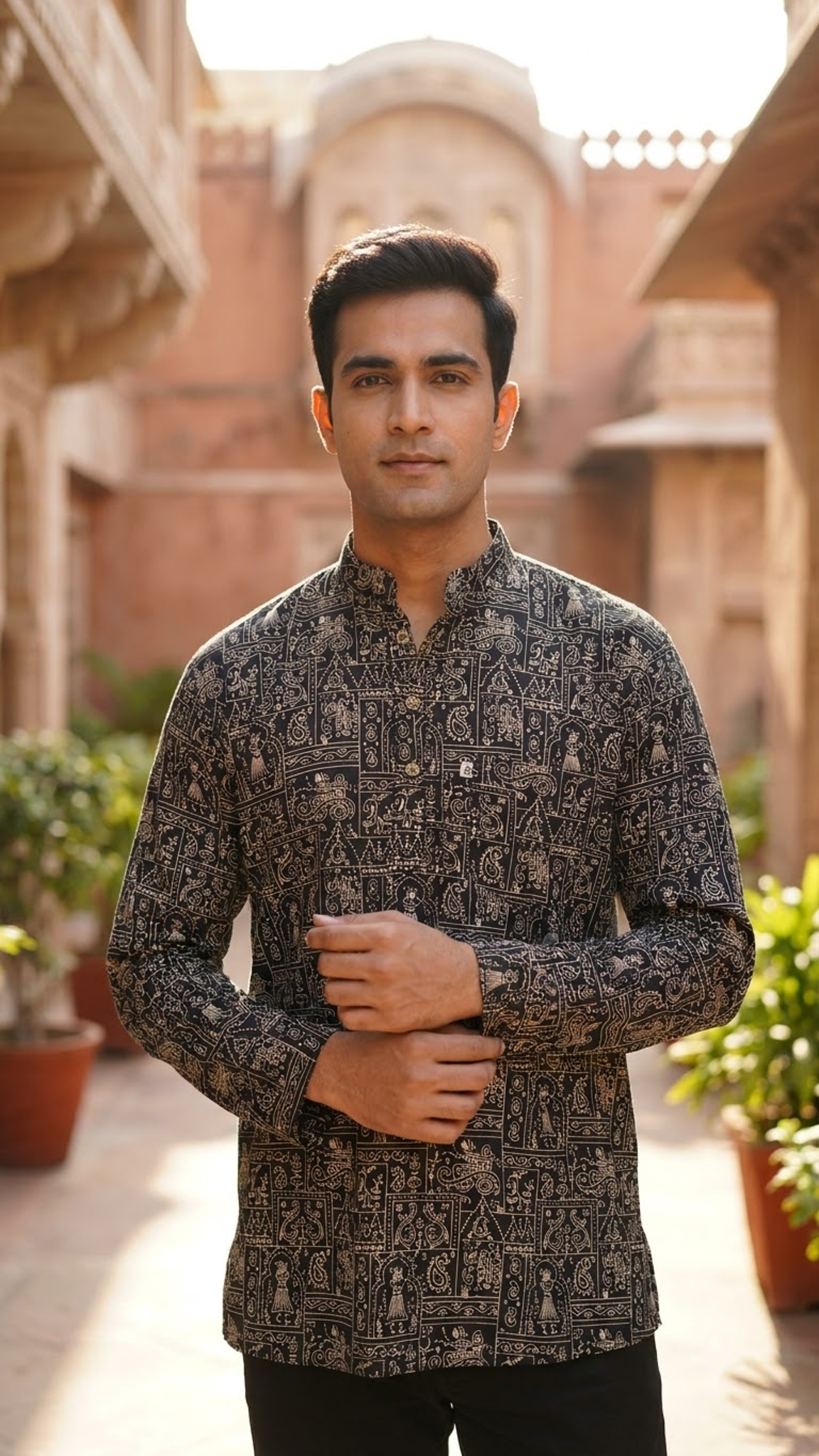 Black Triple Warli Art Men’s Full Sleeves Short Kurta