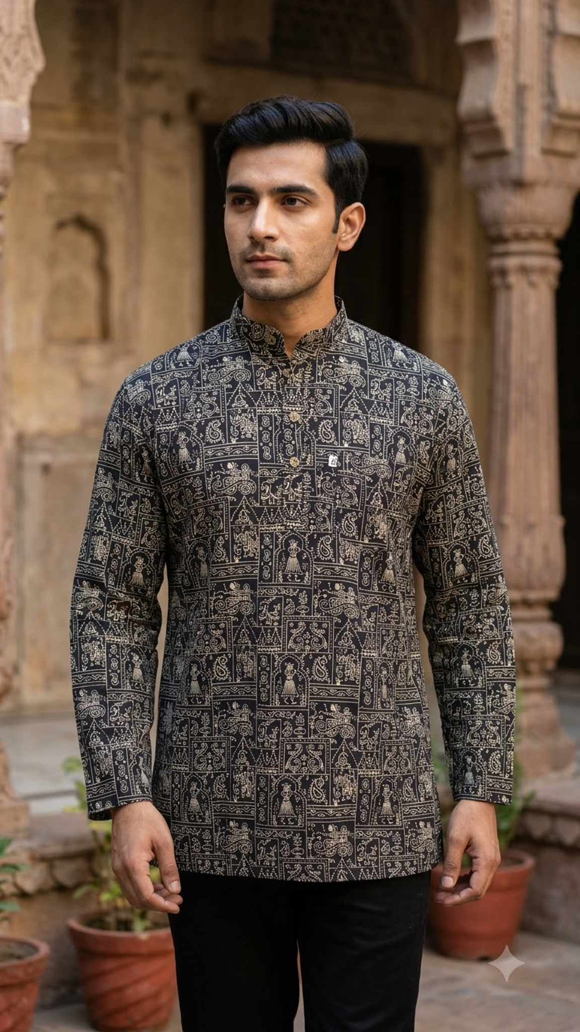 Black Triple Warli Art Men’s Full Sleeves Short Kurta