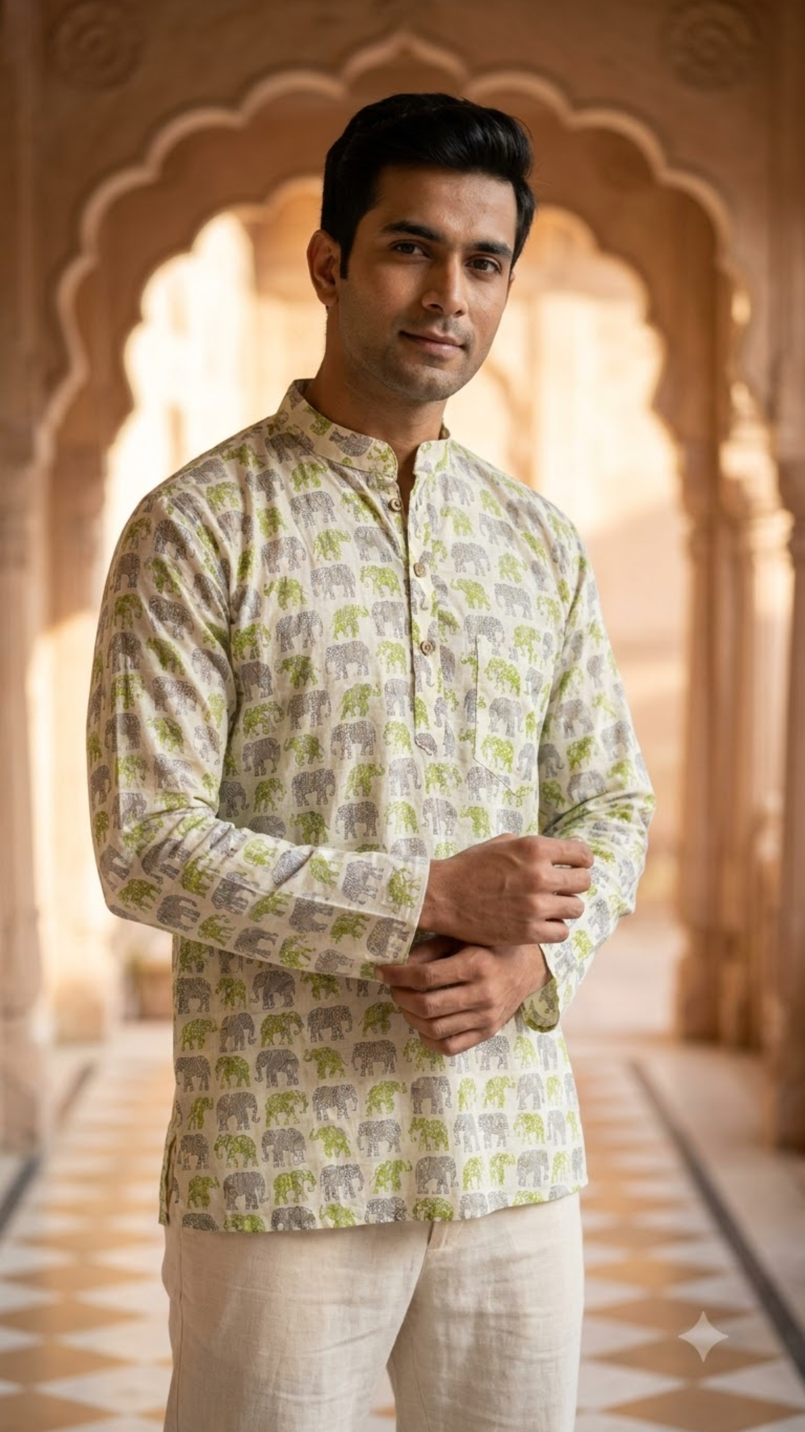 Off-White & Green Elephant Printed Men’s Full Sleeve Short Kurta