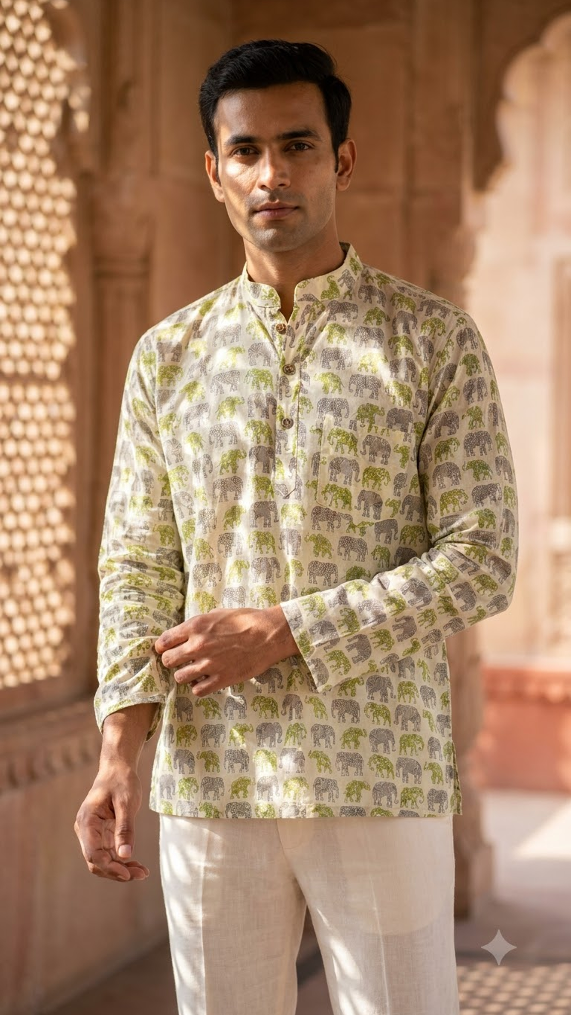Off-White & Green Elephant Printed Men’s Full Sleeve Short Kurta
