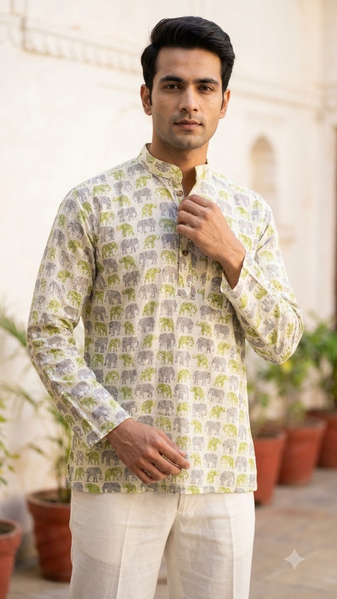 Off-White & Green Elephant Printed Men’s Full Sleeve Short Kurta