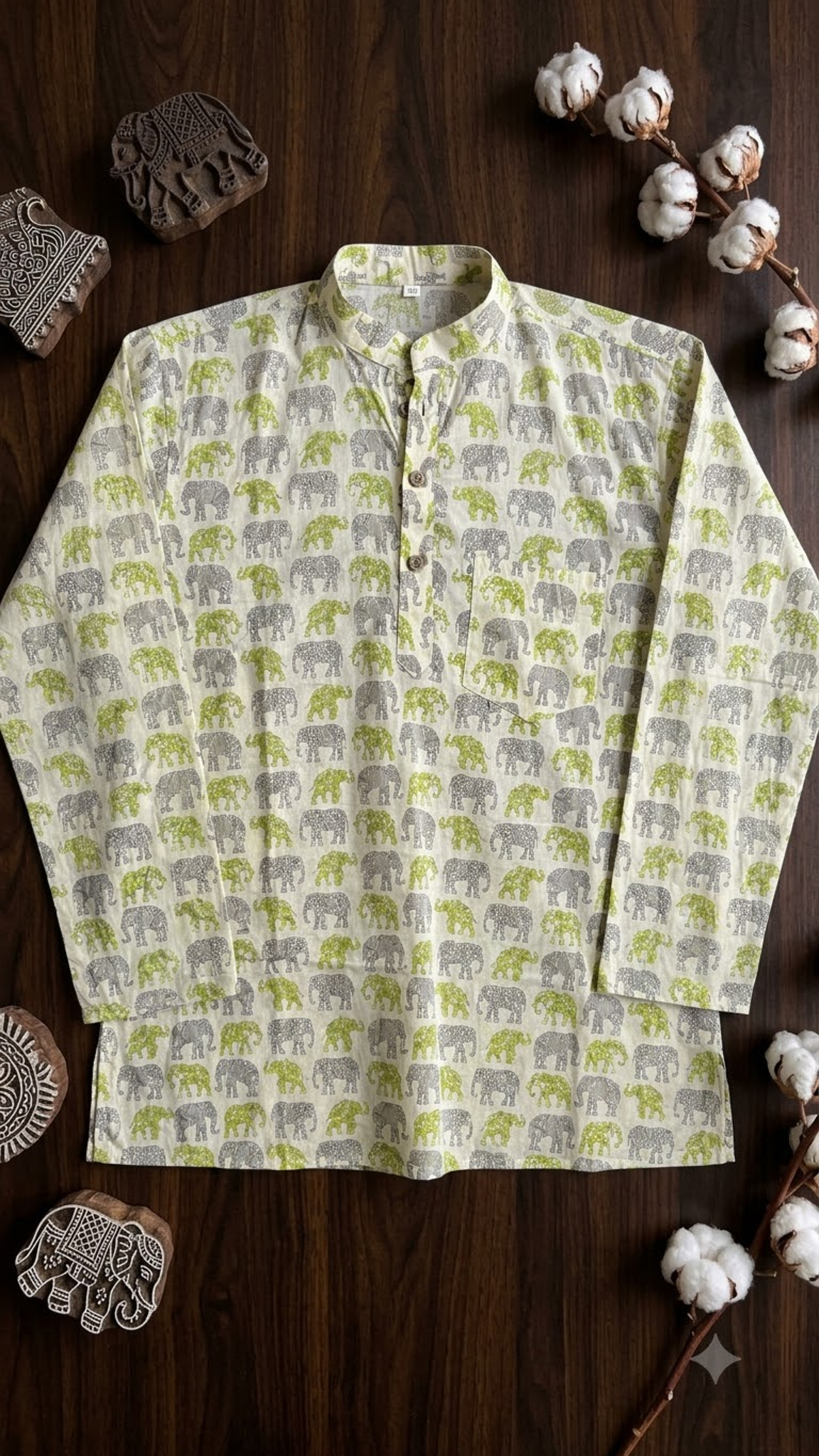 Off-White & Green Elephant Printed Men’s Full Sleeve Short Kurta